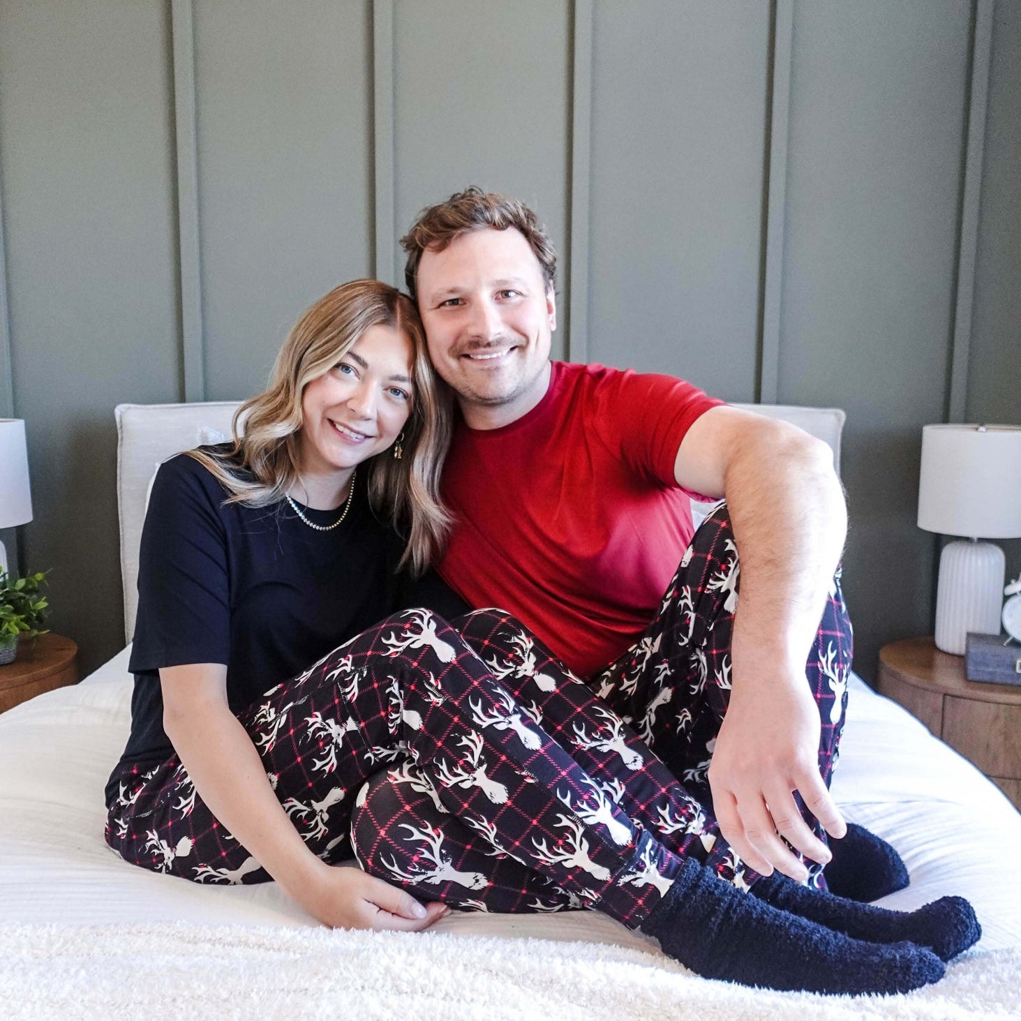 black, white and red plaid print with deer head outline - unisex joggers for women, men from teen to adult in soft bamboo.