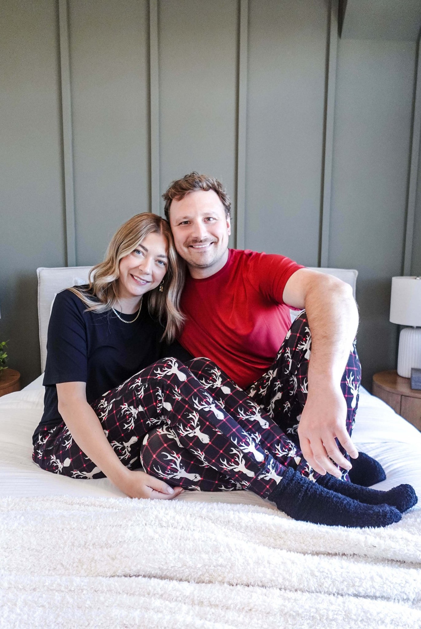 black, white and red plaid print with deer head outline - unisex joggers for women, men from teen to adult in soft bamboo.