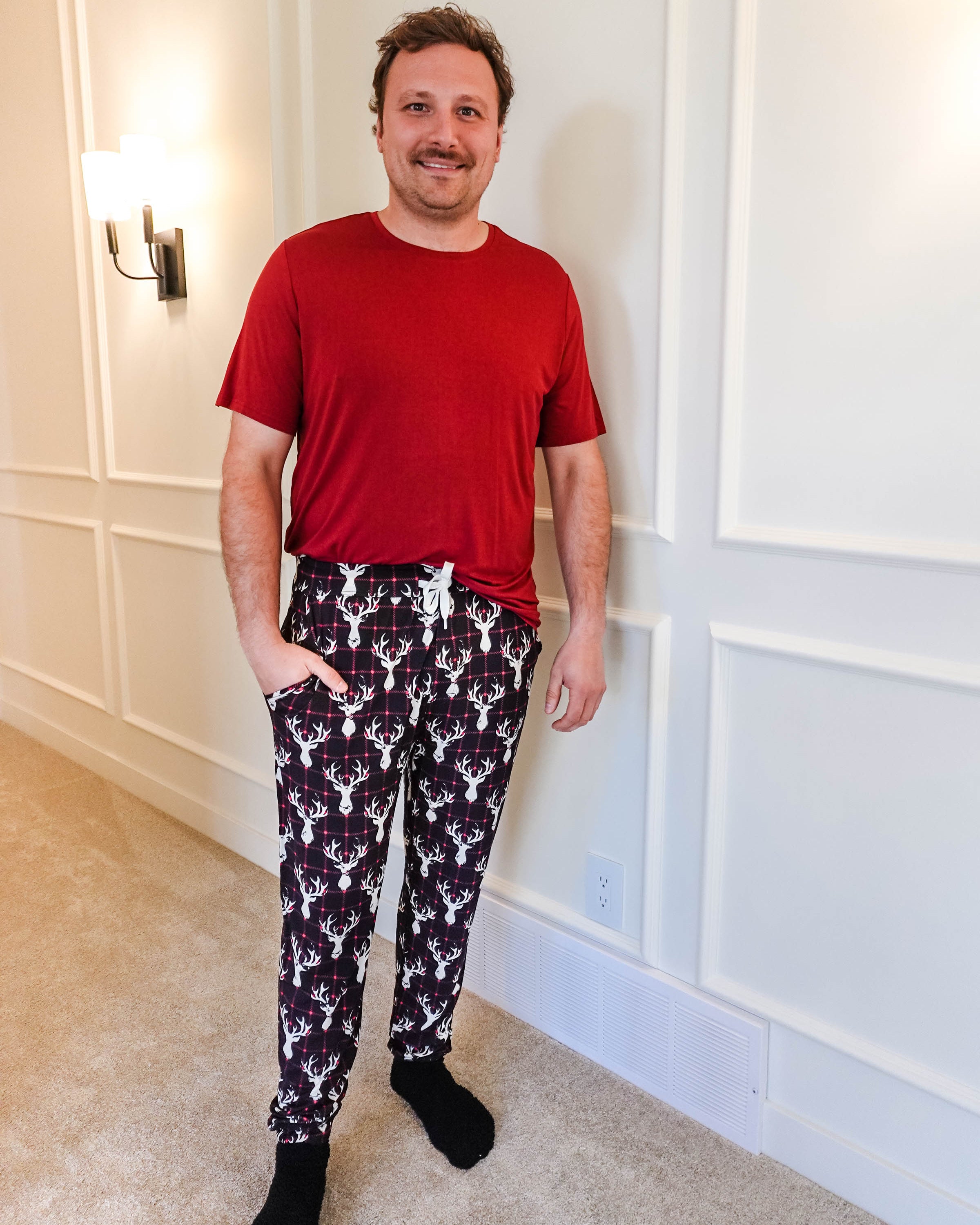 black, white and red plaid print with deer head outline - unisex joggers for women, men from teen to adult in soft bamboo.