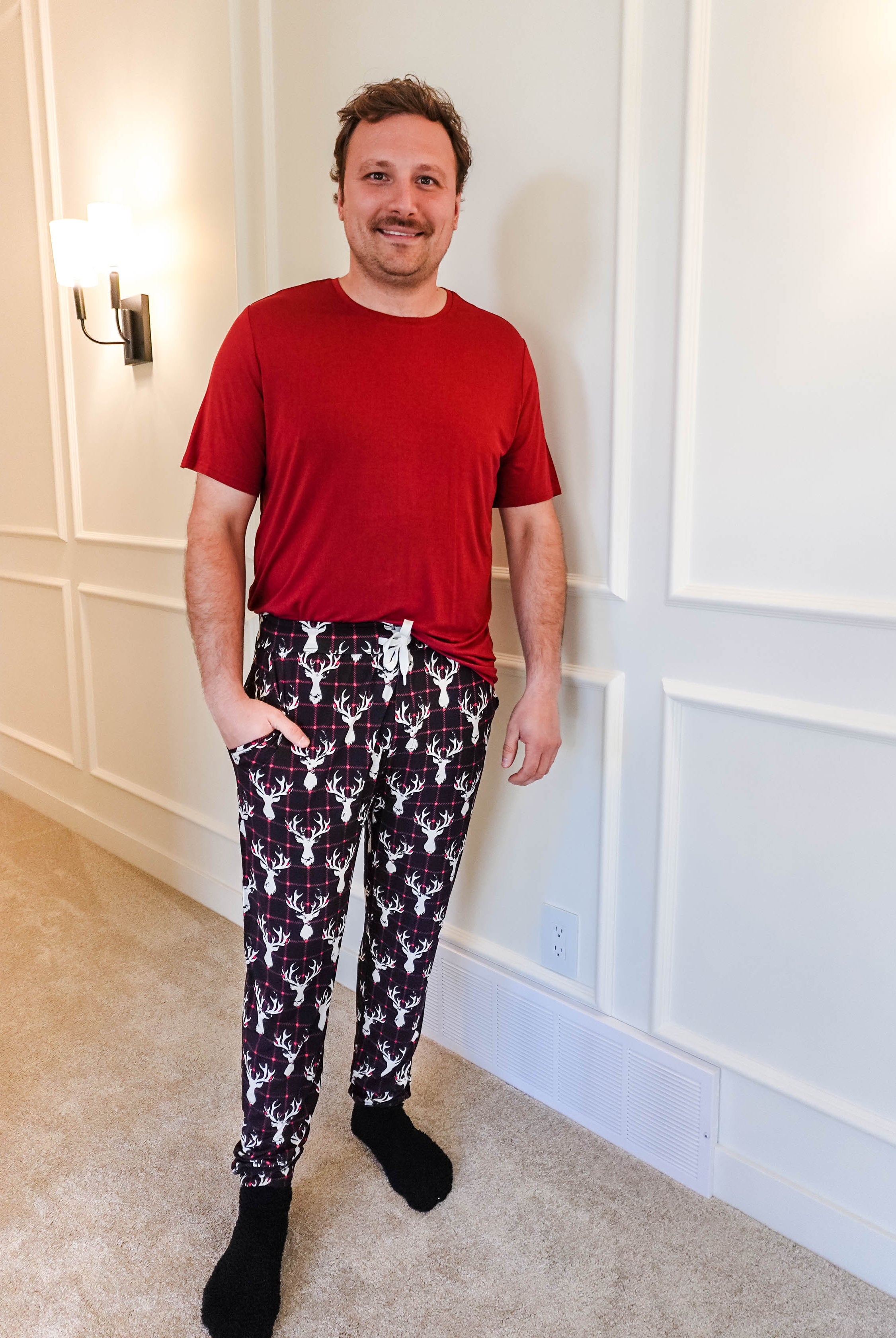 black, white and red plaid print with deer head outline - unisex joggers for women, men from teen to adult in soft bamboo.