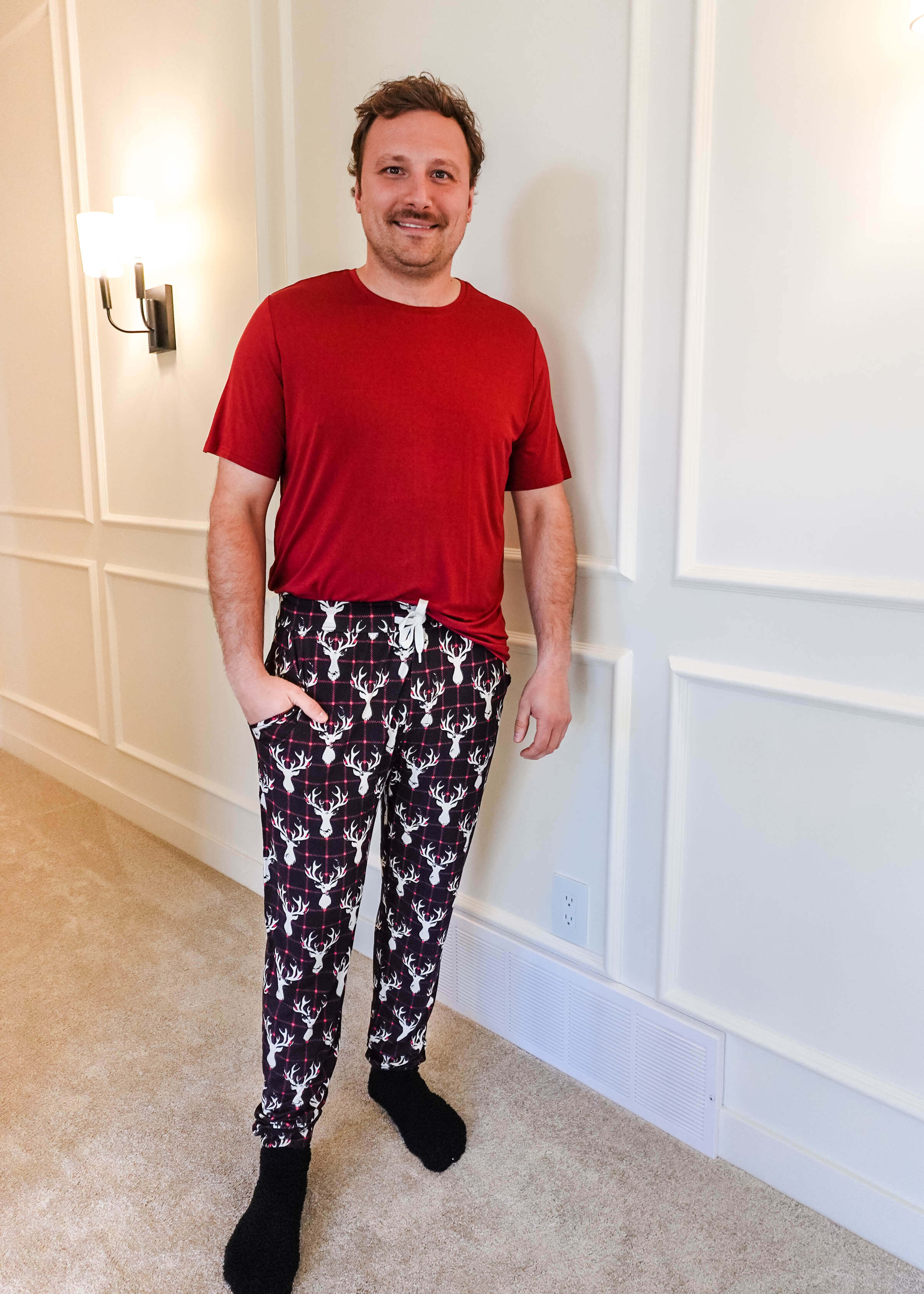 black, white and red plaid print with deer head outline - unisex joggers for women, men from teen to adult in soft bamboo.