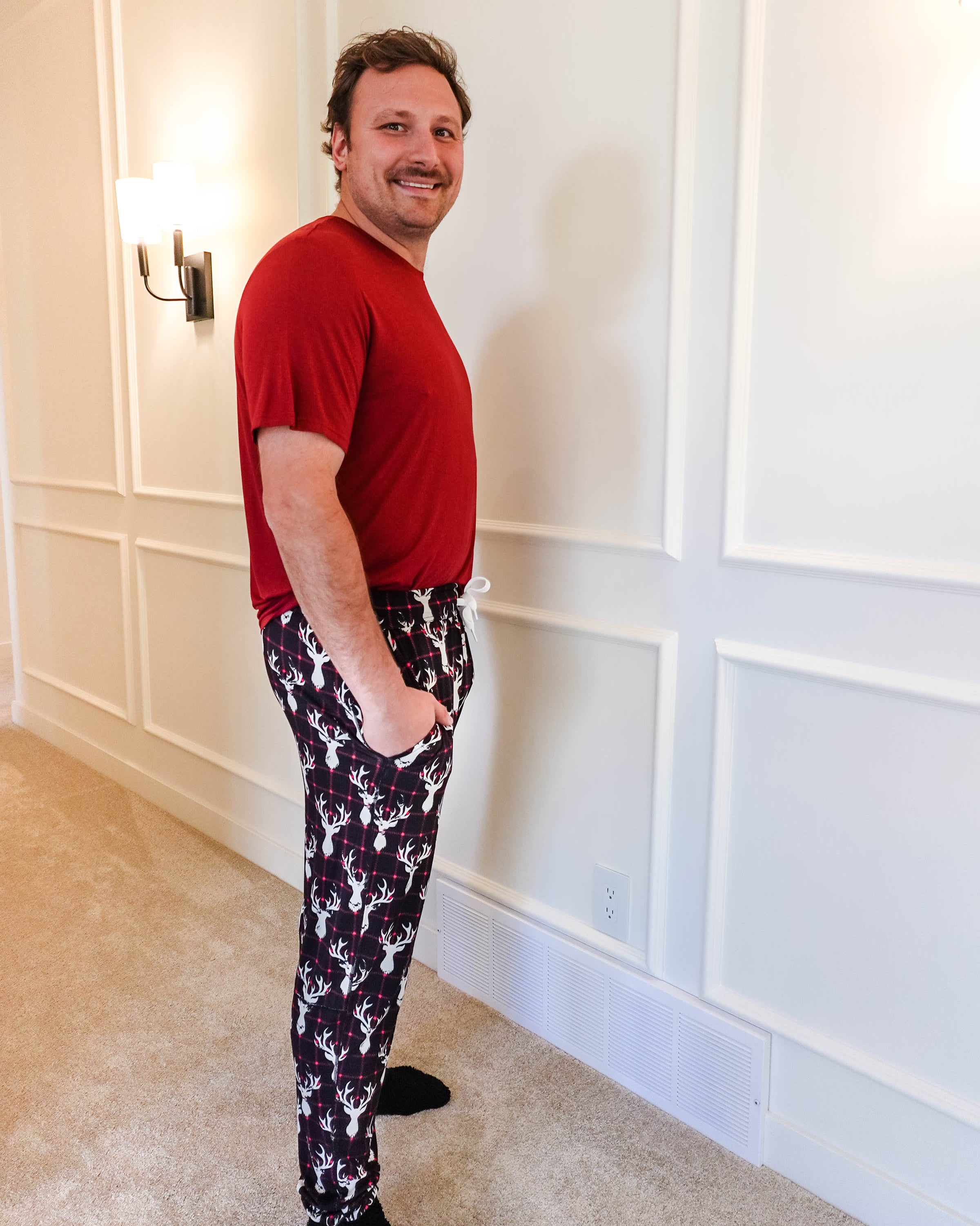 black, white and red plaid print with deer head outline - unisex joggers for women, men from teen to adult in soft bamboo.