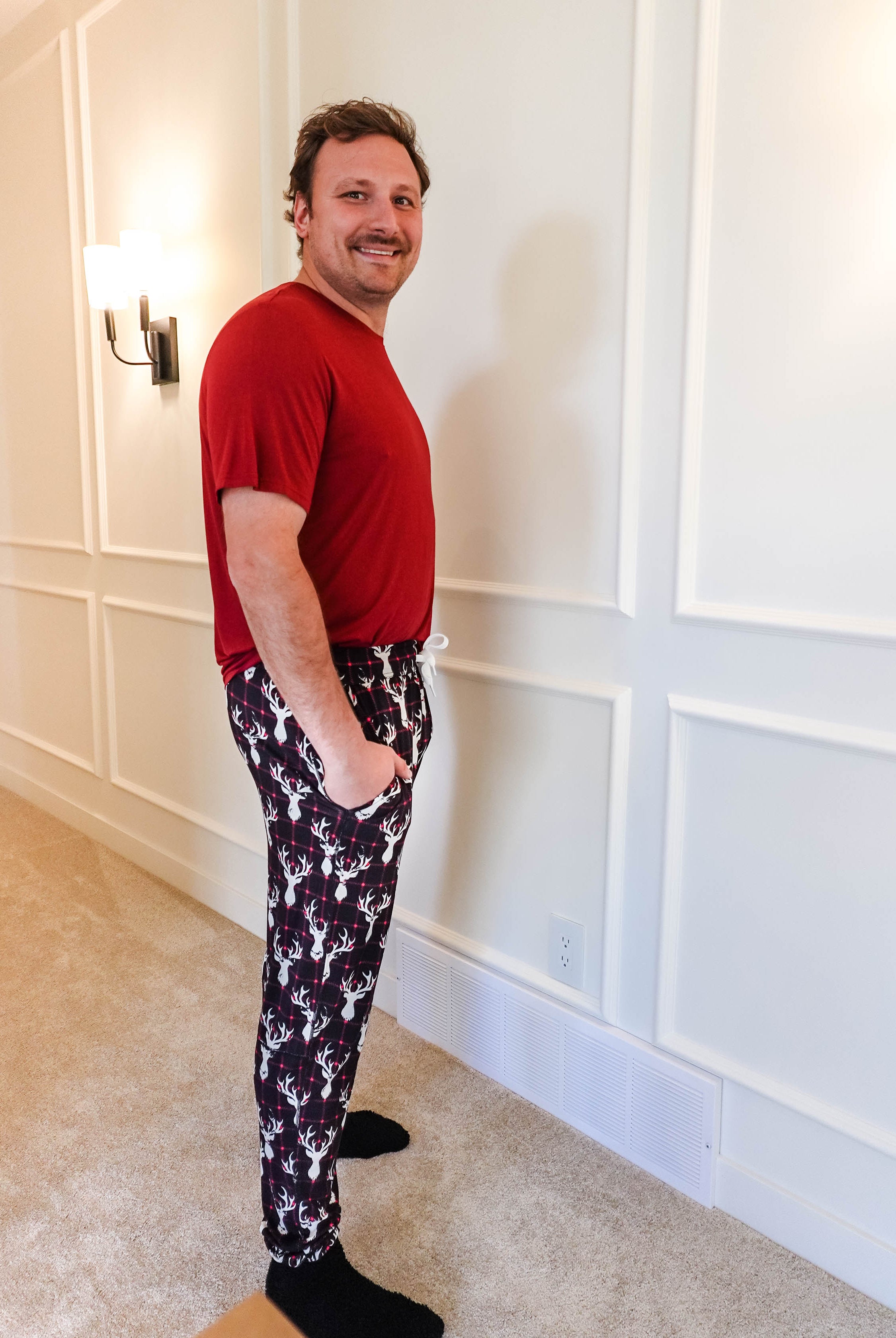 black, white and red plaid print with deer head outline - unisex joggers for women, men from teen to adult in soft bamboo.