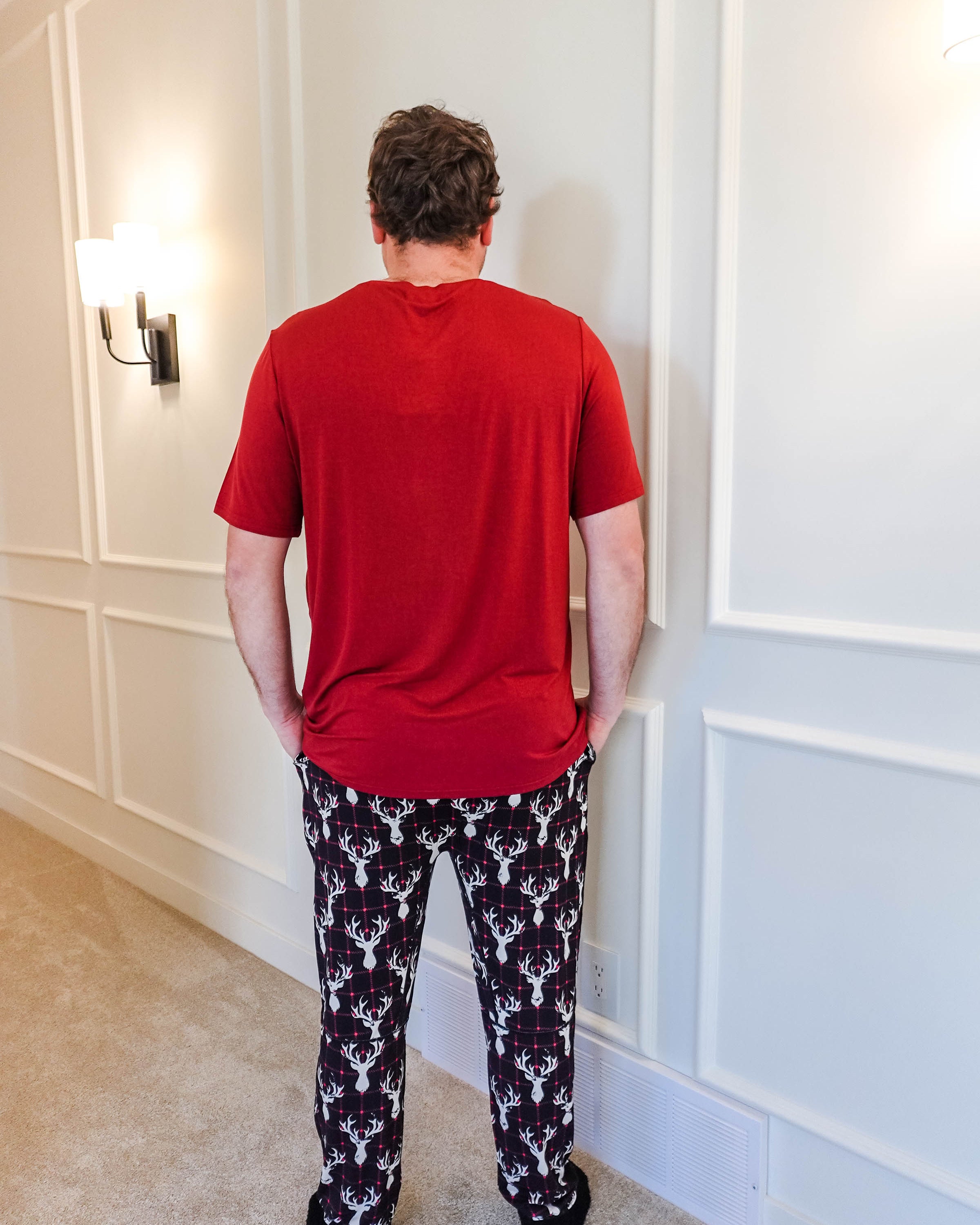 black, white and red plaid print with deer head outline - unisex joggers for women, men from teen to adult in soft bamboo. - view of back