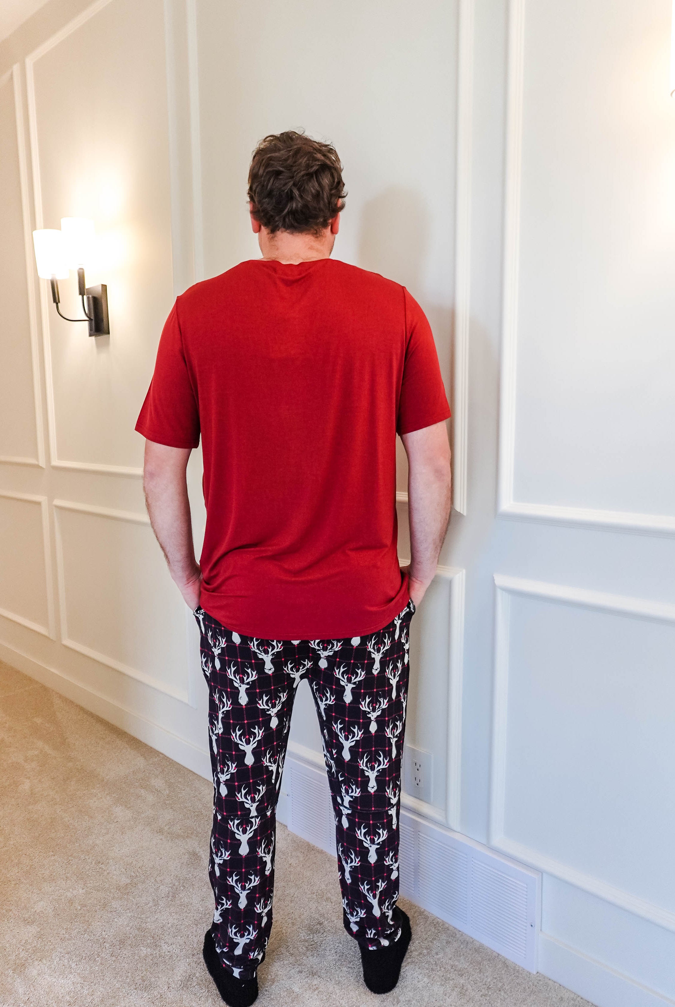 black, white and red plaid print with deer head outline - unisex joggers for women, men from teen to adult in soft bamboo. - view of back