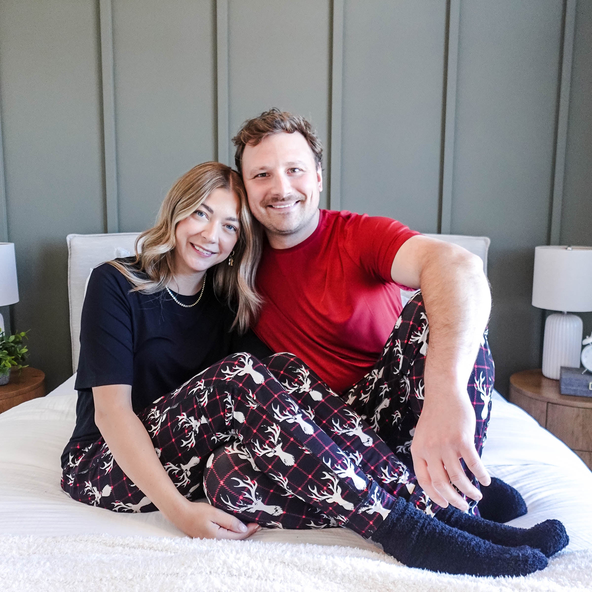 black, white and red plaid print with deer head outline - unisex joggers for women, men from teen to adult in soft bamboo.