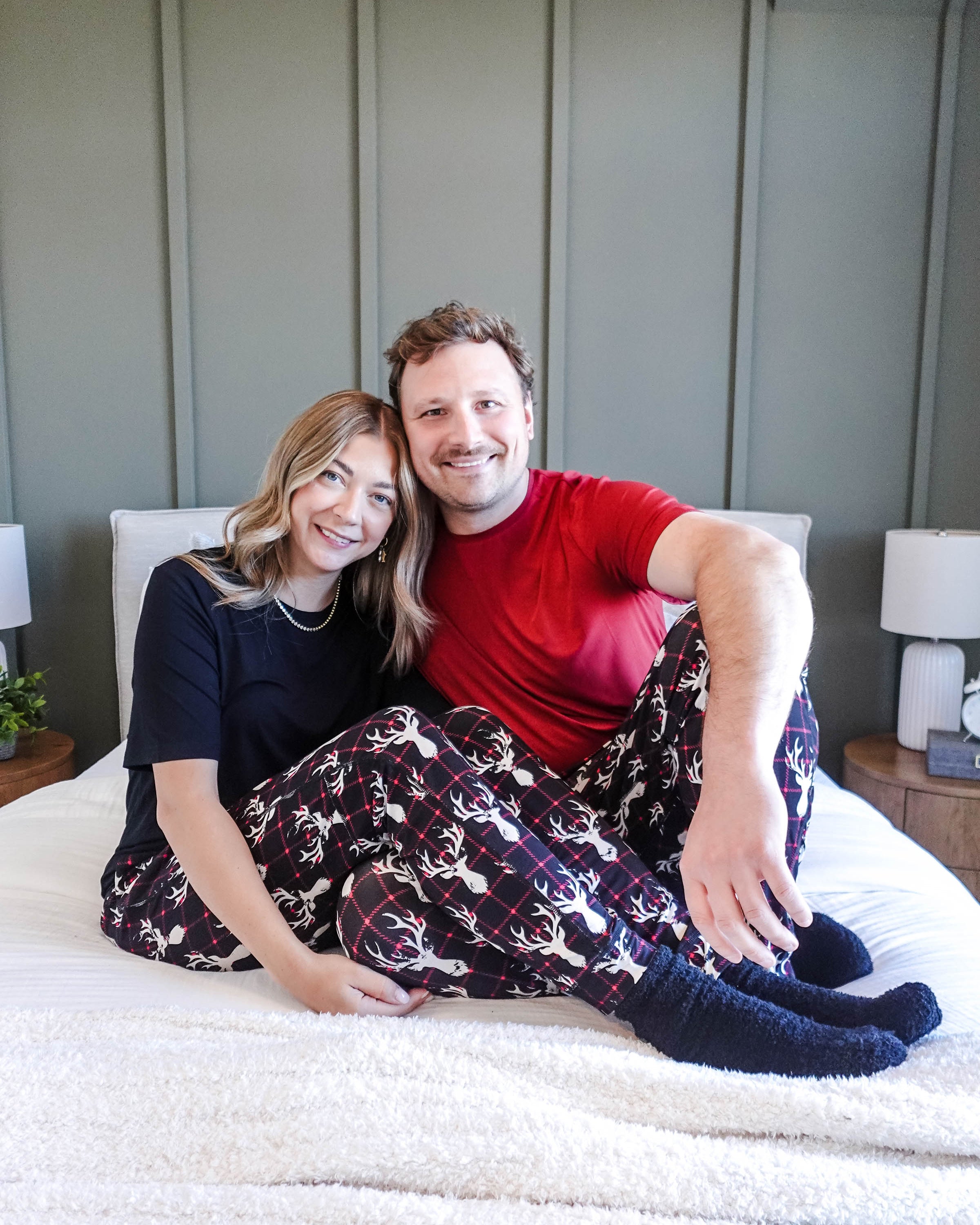 black, white and red plaid print with deer head outline - unisex joggers for women, men from teen to adult in soft bamboo.