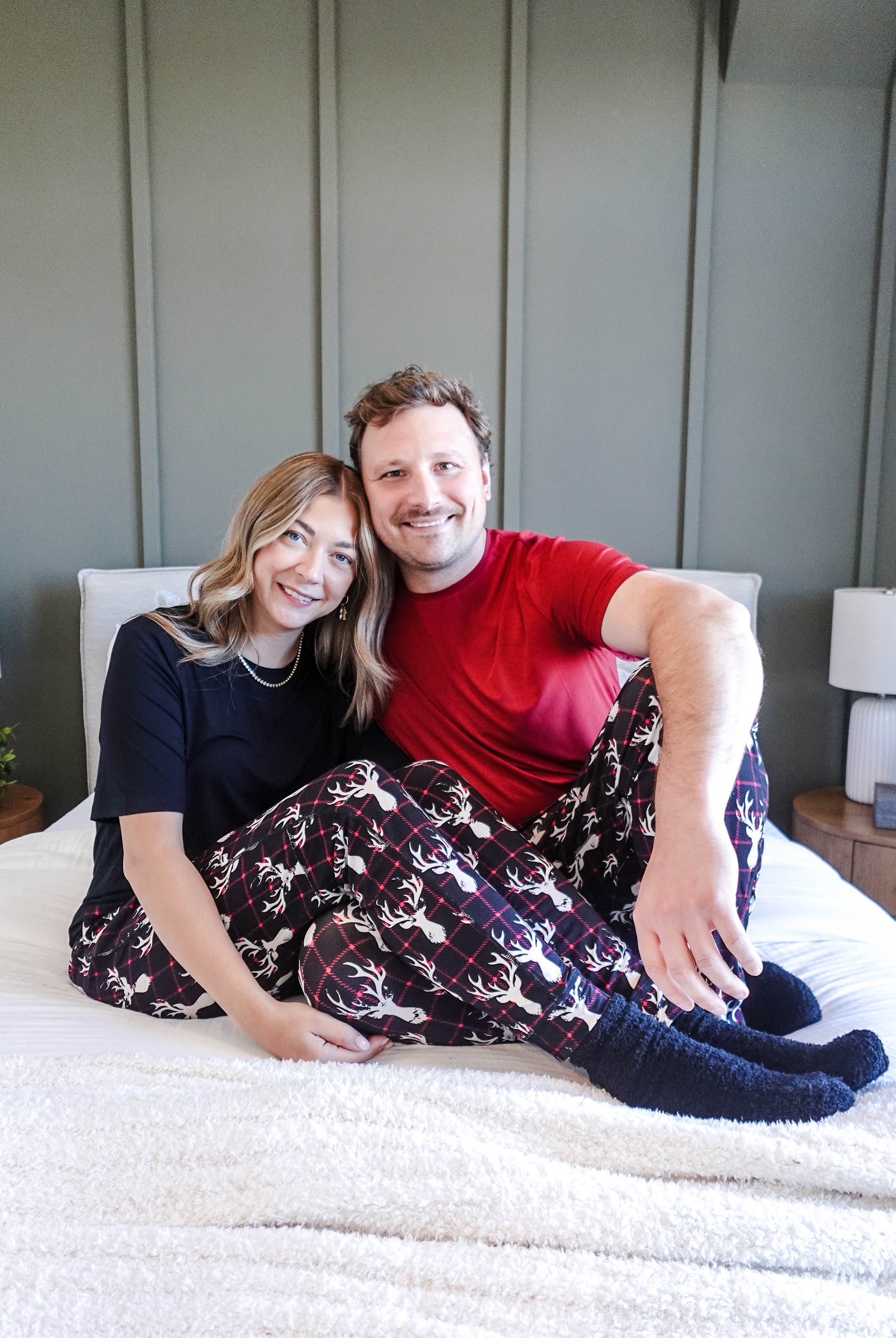 black, white and red plaid print with deer head outline - unisex joggers for women, men from teen to adult in soft bamboo.