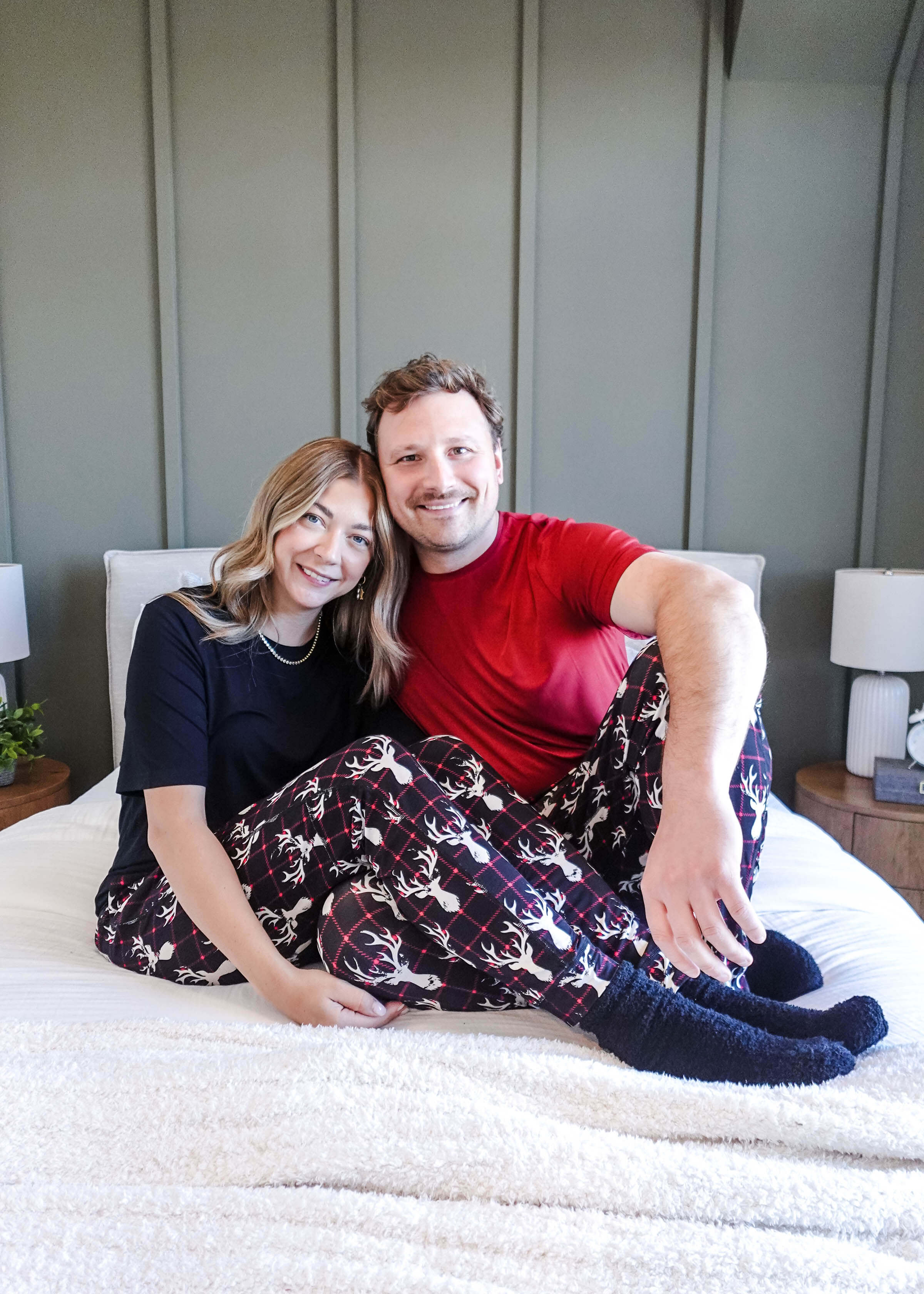 black, white and red plaid print with deer head outline - unisex joggers for women, men from teen to adult in soft bamboo.