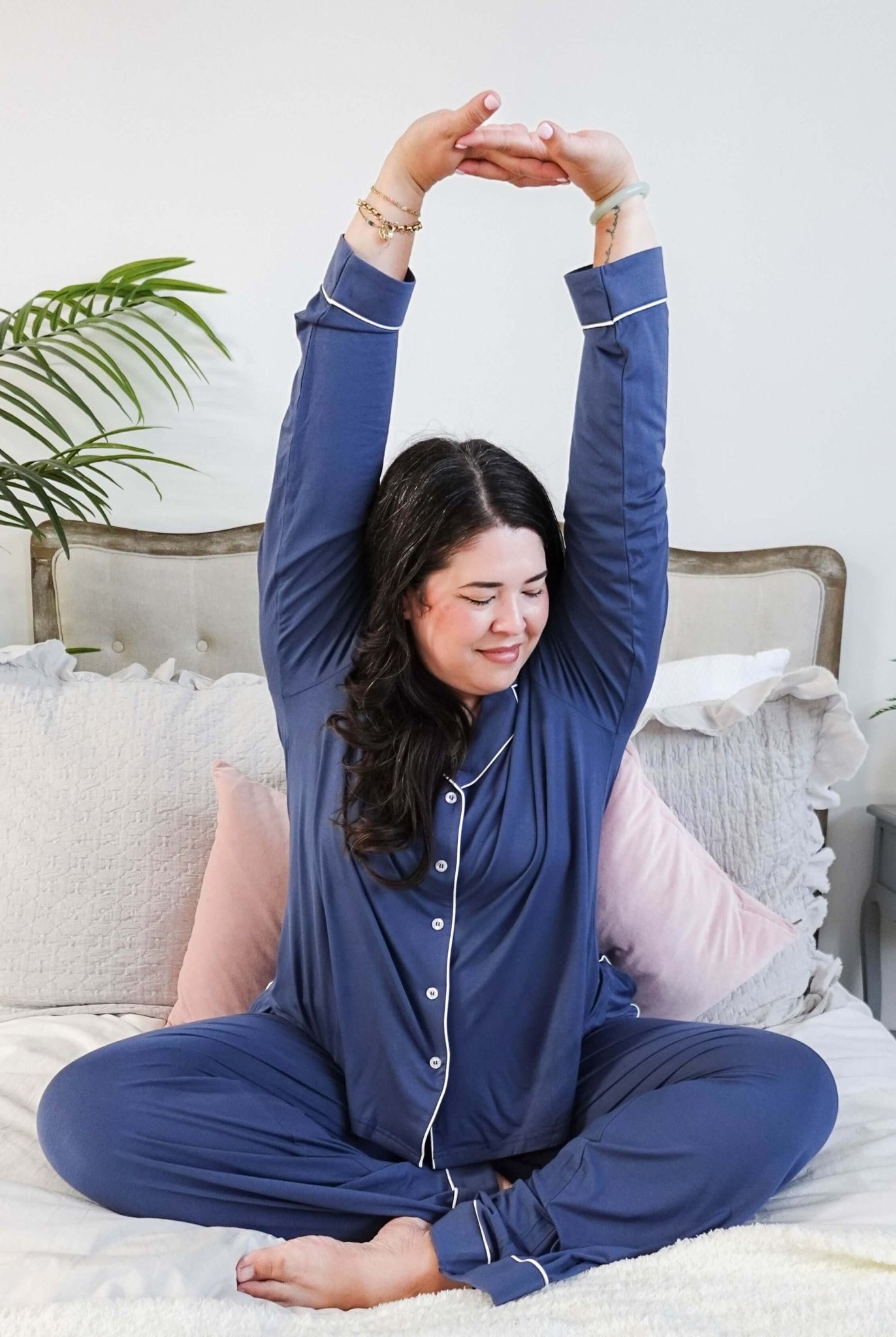 women's denim blue bamboo button up collared pajama set with straight leg and pockets - Georgia Rylan