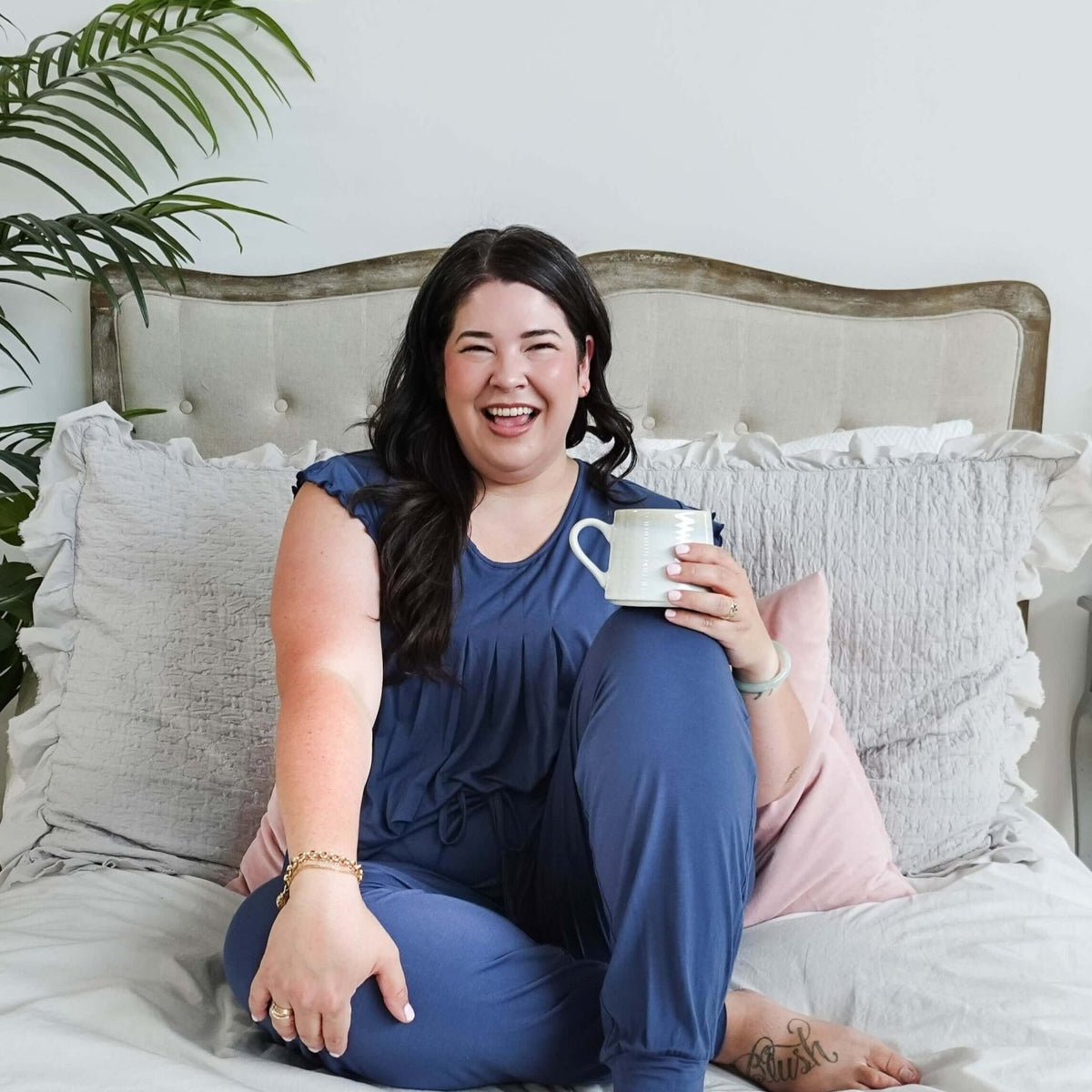Denim Flutter Jogger Lounge PJ Set Bamboo women's denim blue lightweight bamboo loungewear set top and jogger Georgia Rylan