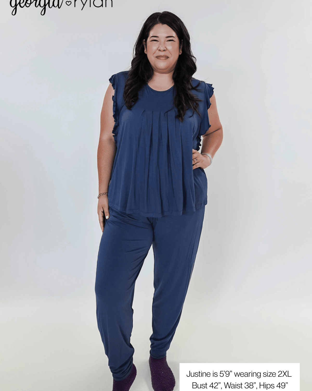 Denim Flutter Jogger Lounge PJ Set Bamboo showing model sizing