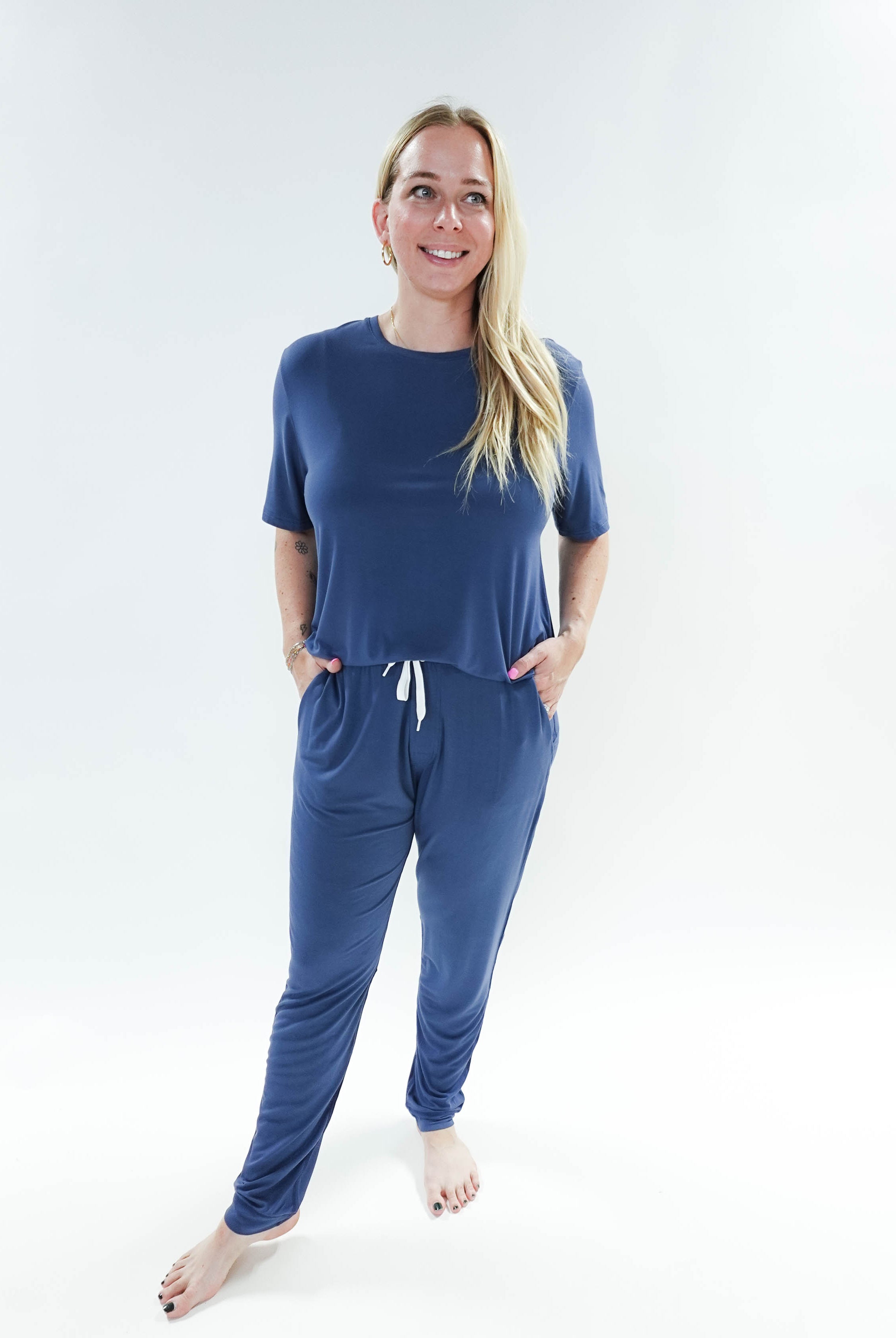 unisex denim blue relaxed crew neck tee shirt in bamboo - Bob's Sleepwear Co.