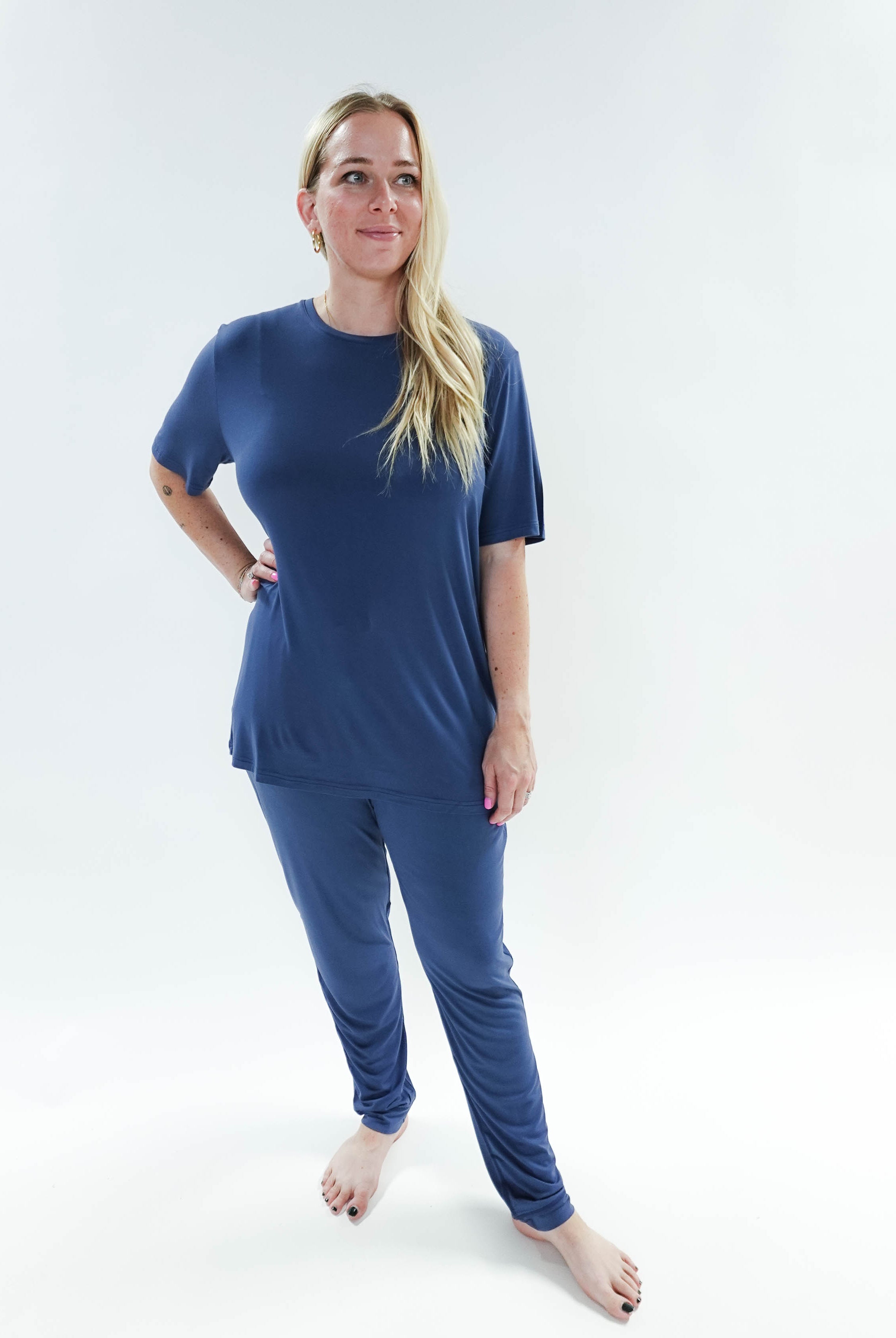 unisex denim blue relaxed crew neck tee shirt in bamboo - Bob's Sleepwear Co.