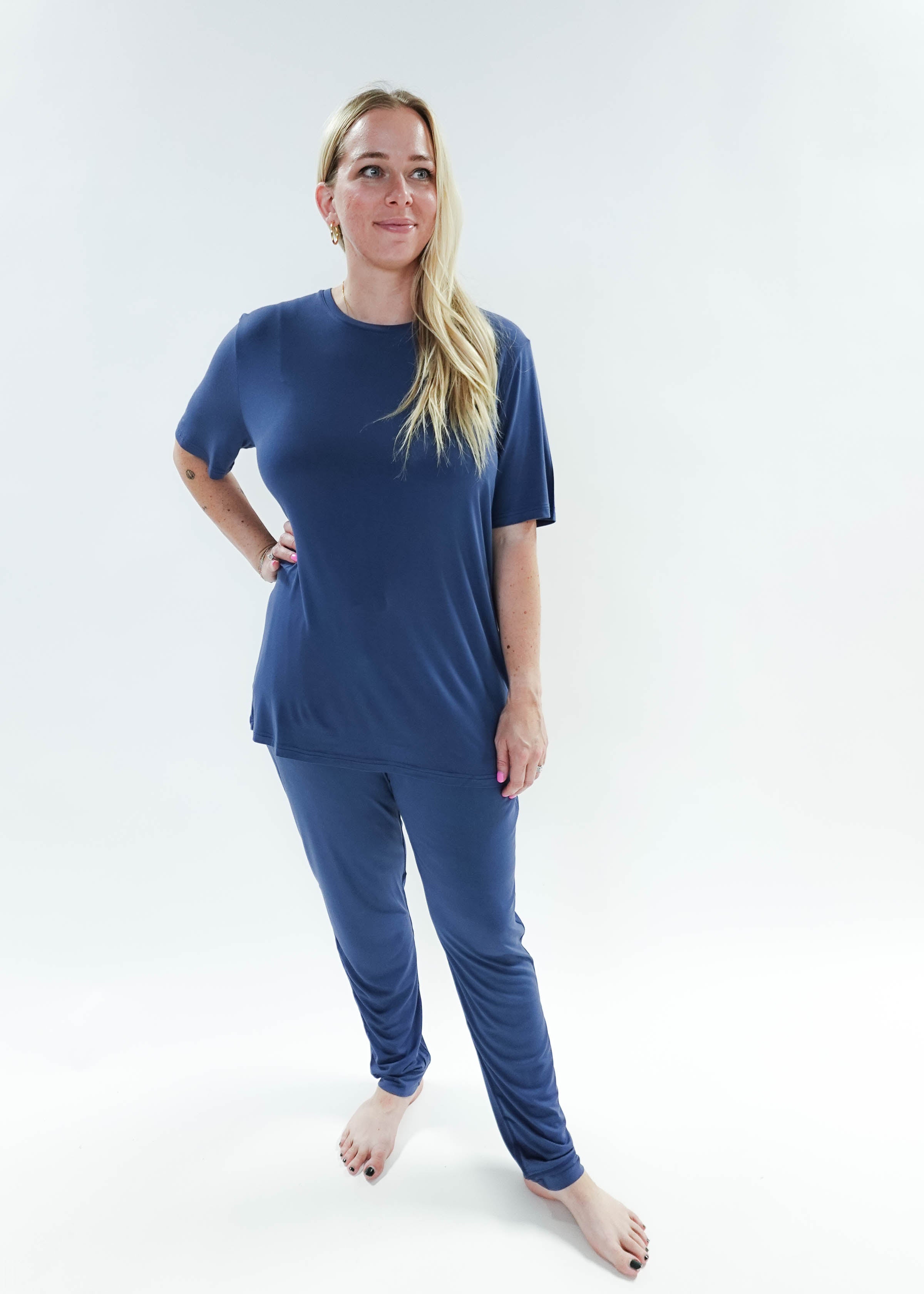 unisex denim blue relaxed crew neck tee shirt in bamboo - Bob's Sleepwear Co.