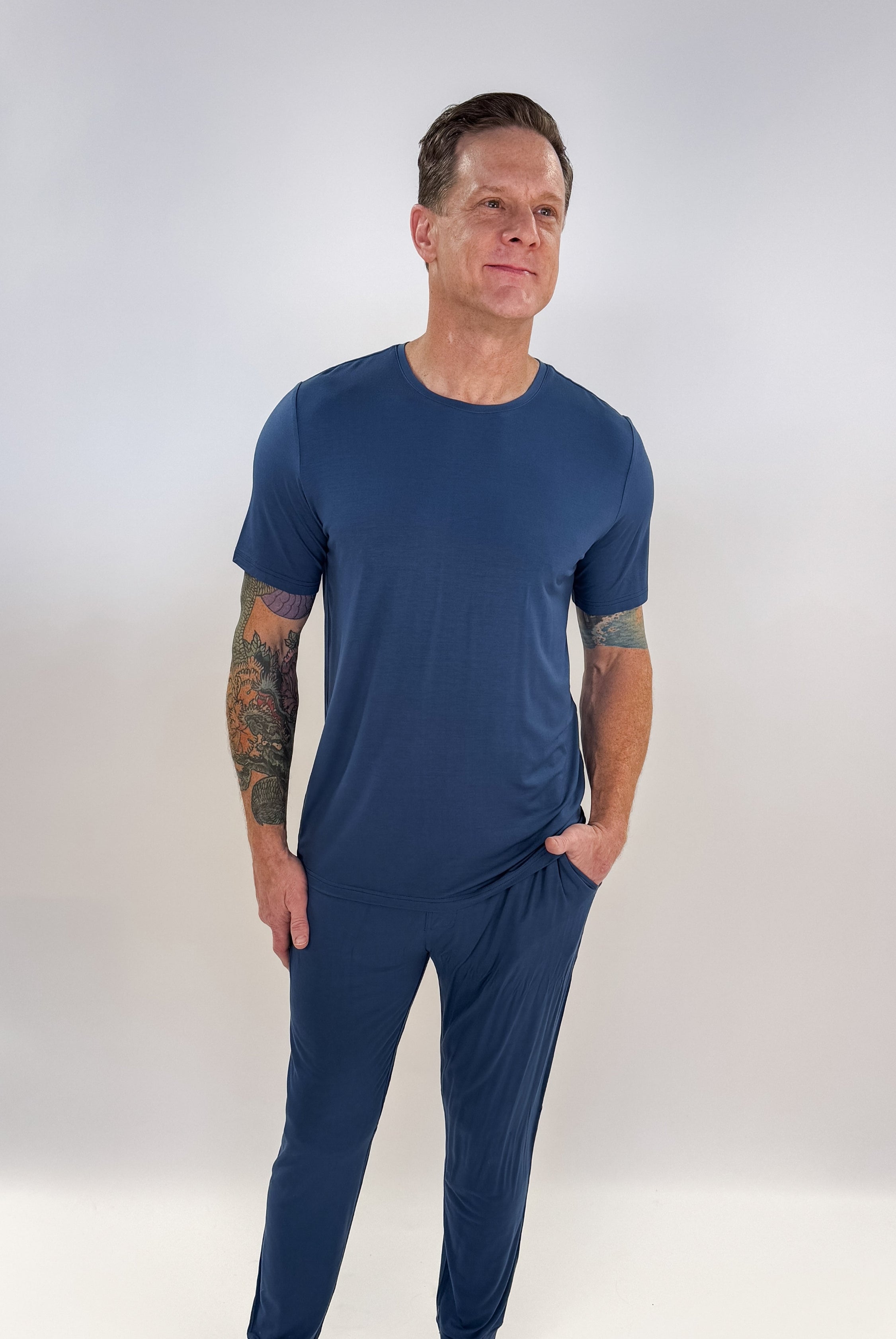unisex denim blue relaxed crew neck tee shirt in bamboo - Bob's Sleepwear Co.