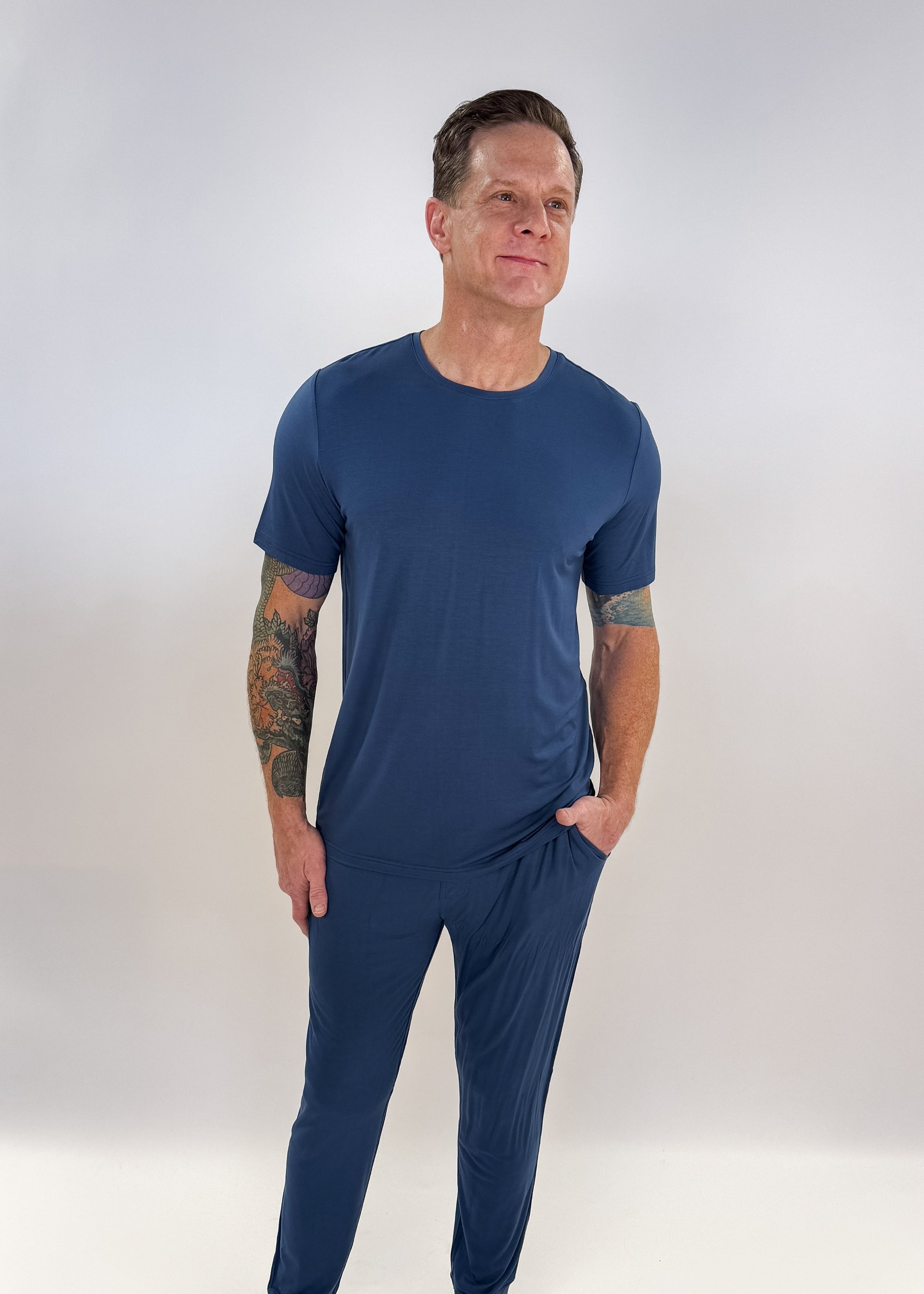unisex denim blue relaxed crew neck tee shirt in bamboo - Bob's Sleepwear Co.