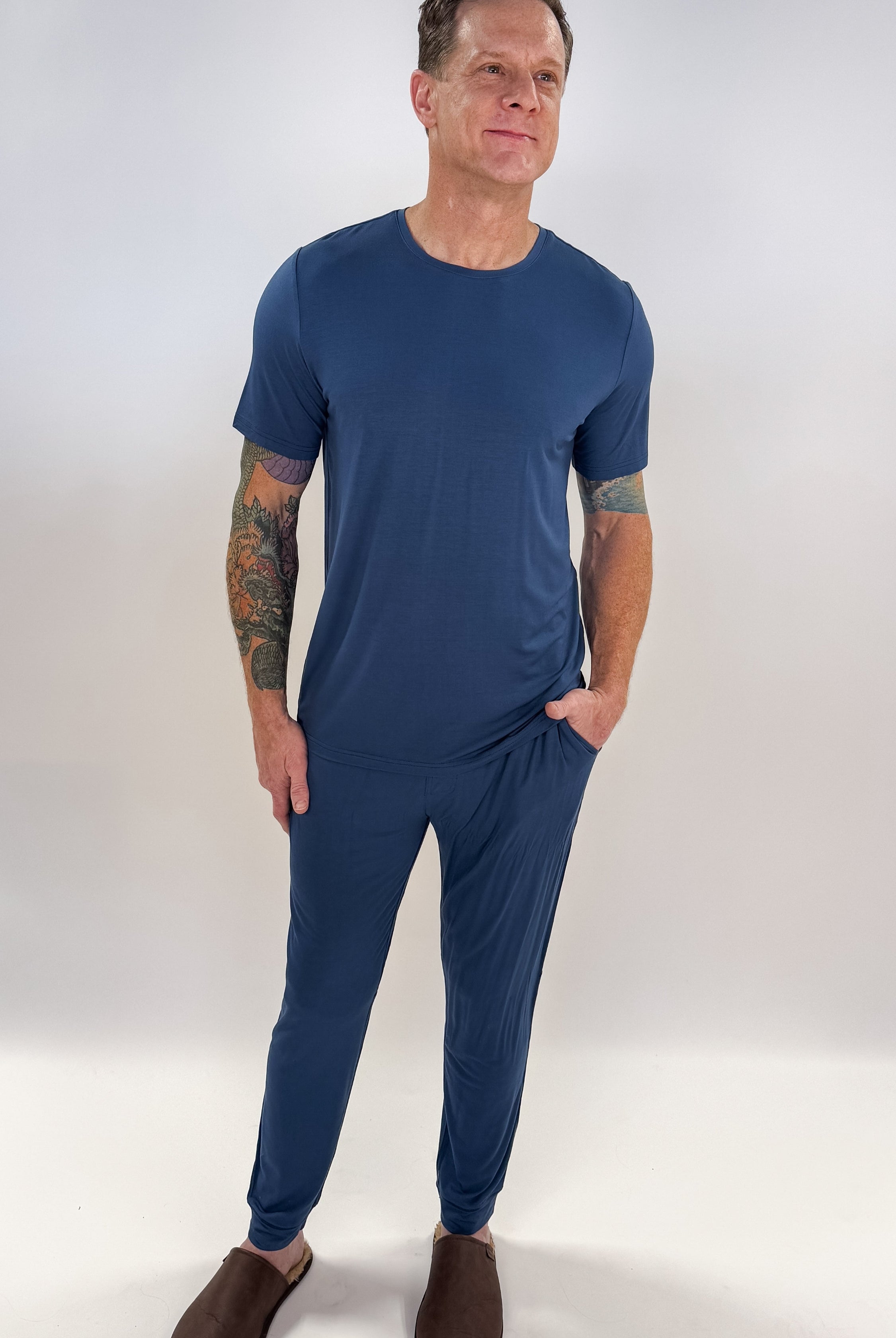 unisex denim blue relaxed crew neck tee shirt in bamboo - Bob's Sleepwear Co.