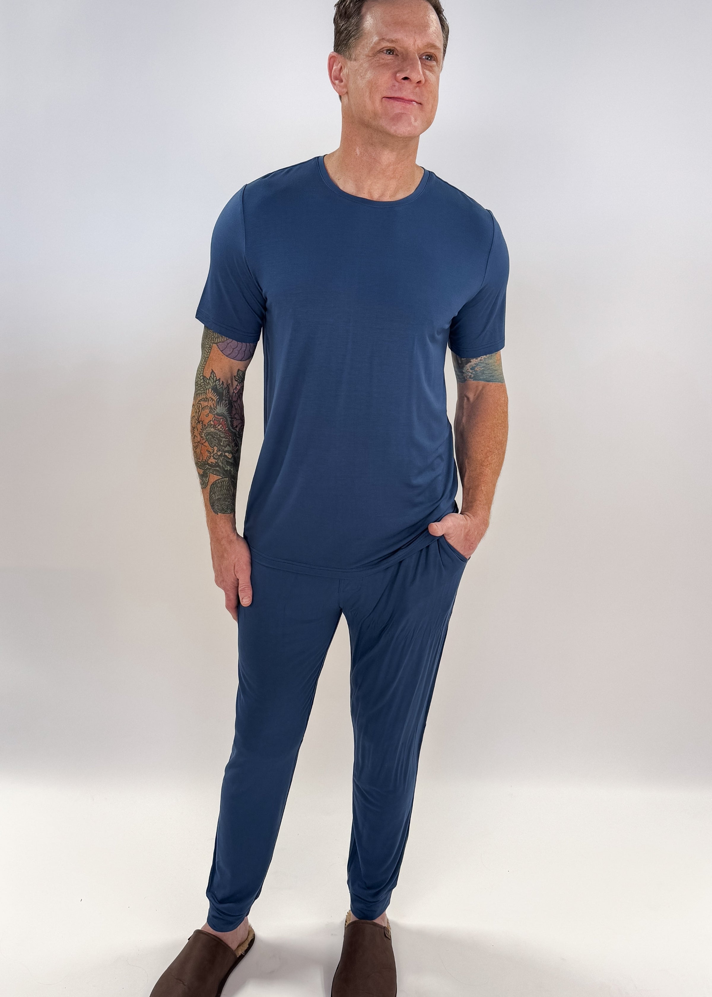 unisex denim blue relaxed crew neck tee shirt in bamboo - Bob's Sleepwear Co.