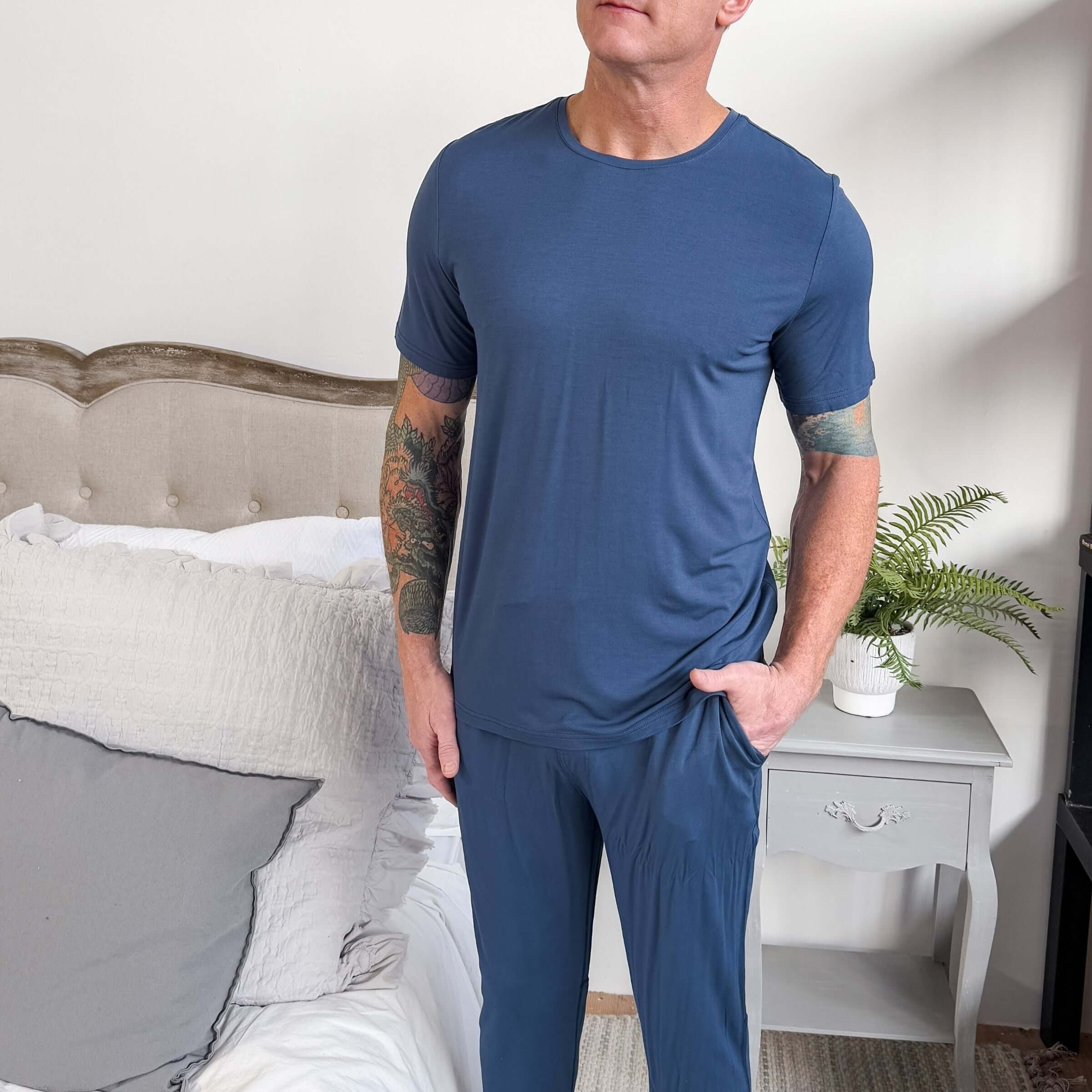 unisex denim blue relaxed crew neck tee shirt in bamboo - Bob's Sleepwear Co.