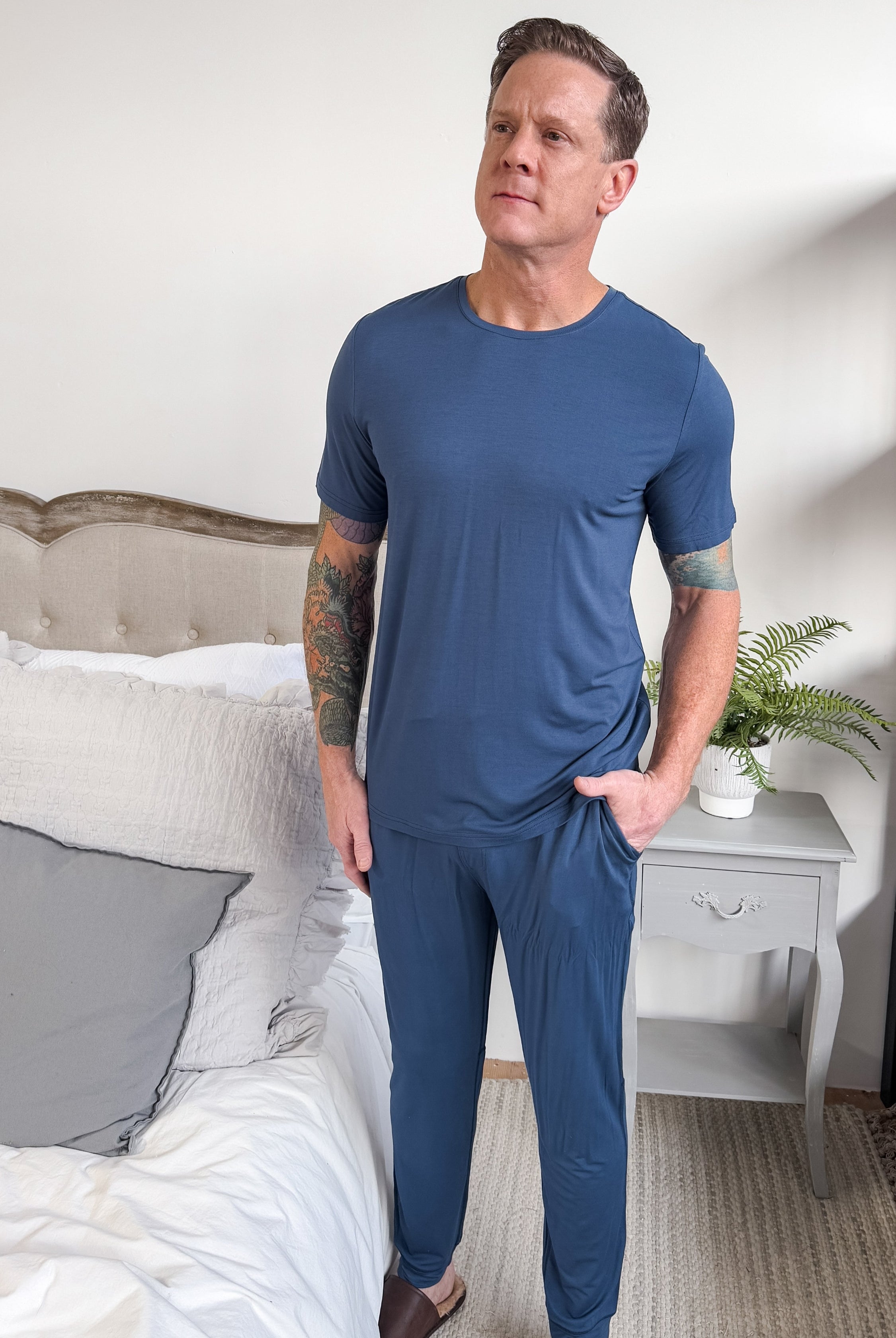 unisex denim blue relaxed crew neck tee shirt in bamboo - Bob's Sleepwear Co.