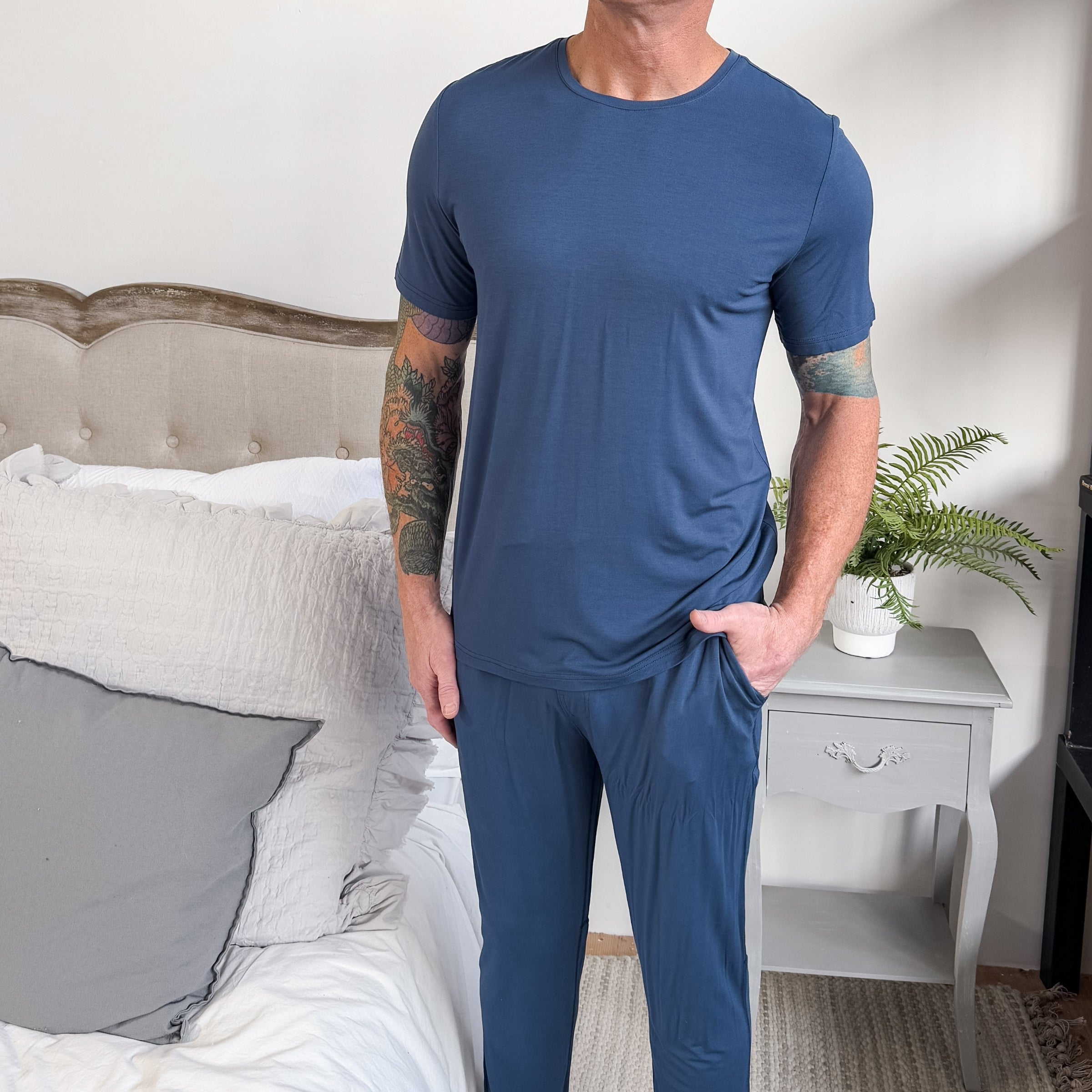 Denim Blue Unisex Bamboo Jogger worn with matching top for a cozy look, featuring soft bamboo fabric.