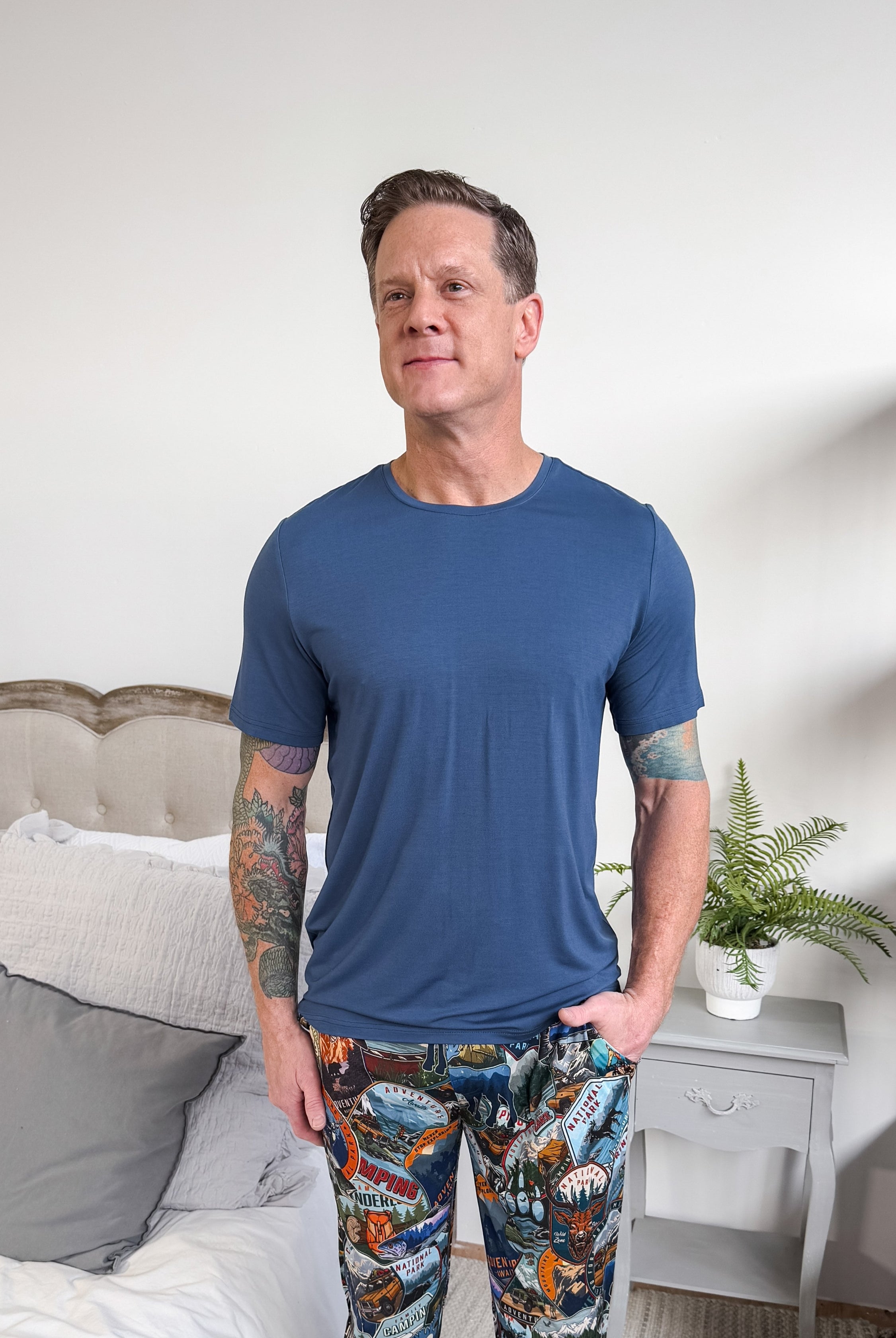 unisex denim blue relaxed crew neck tee shirt in bamboo - Bob's Sleepwear Co.