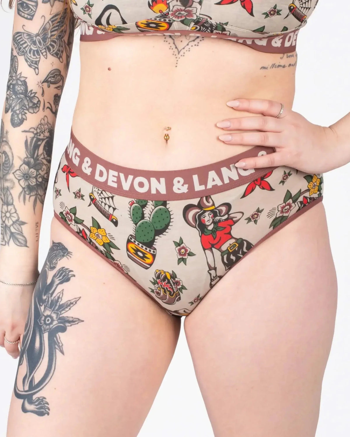 Devon + Lang Bria Full Coverage Bikini Brief featuring a unique tattoo-inspired print.