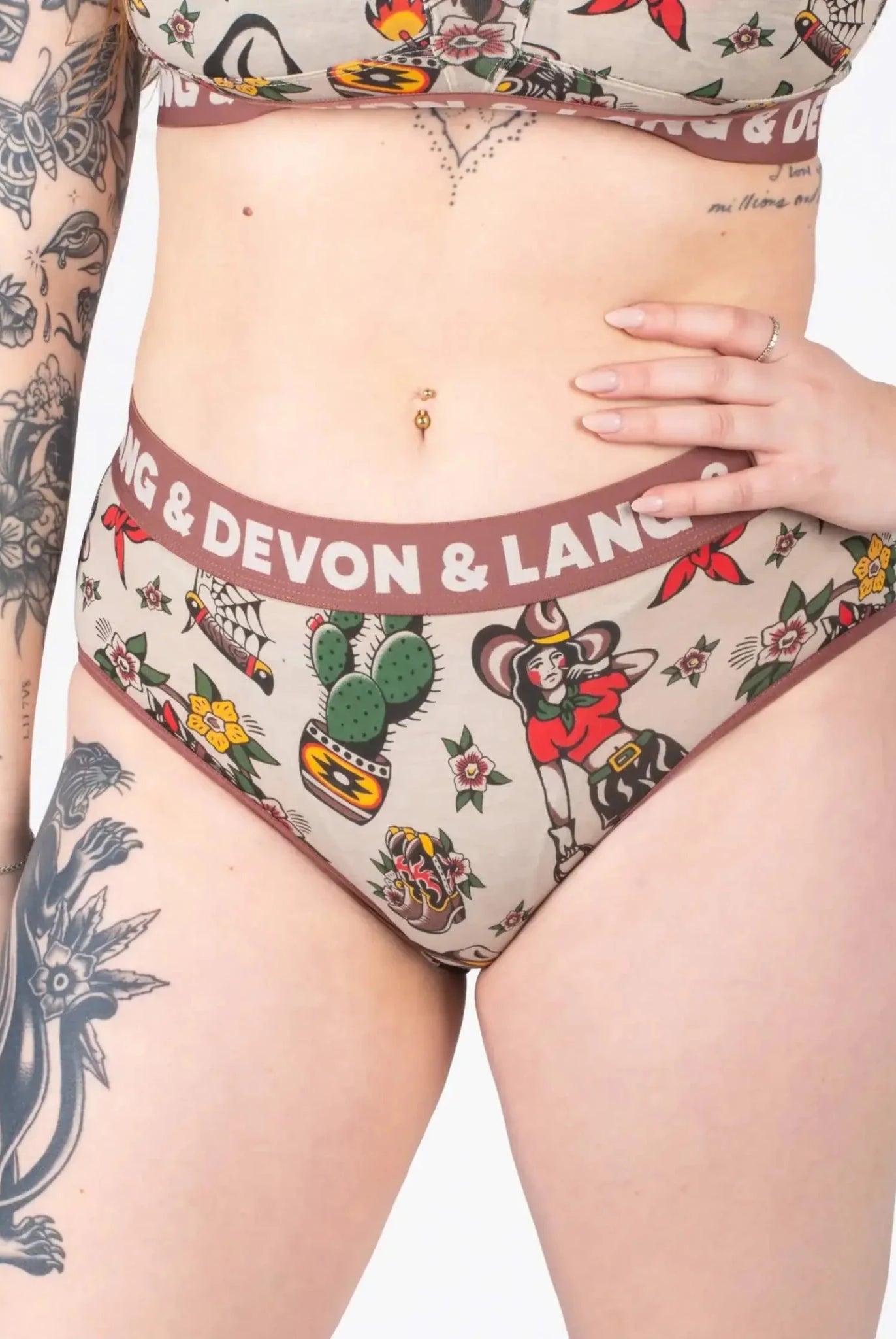 Devon + Lang Bria Full Coverage Bikini Brief featuring a unique tattoo-inspired print.