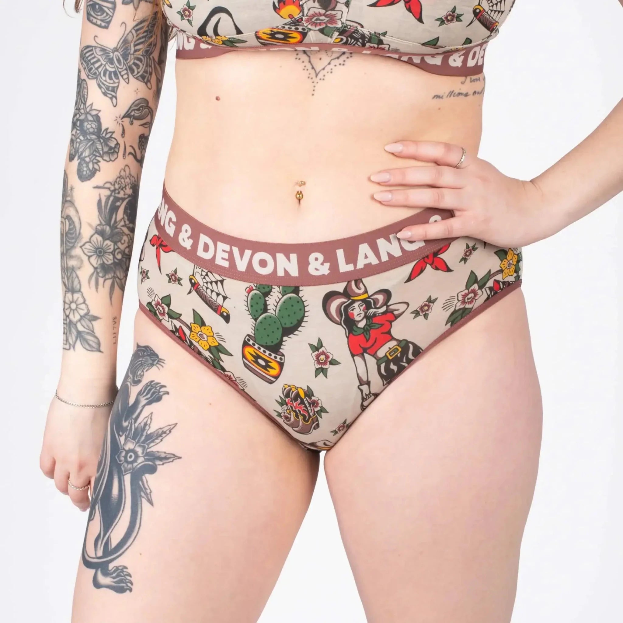 Devon + Lang Bria Full Coverage Bikini Brief featuring a unique tattoo-inspired print.