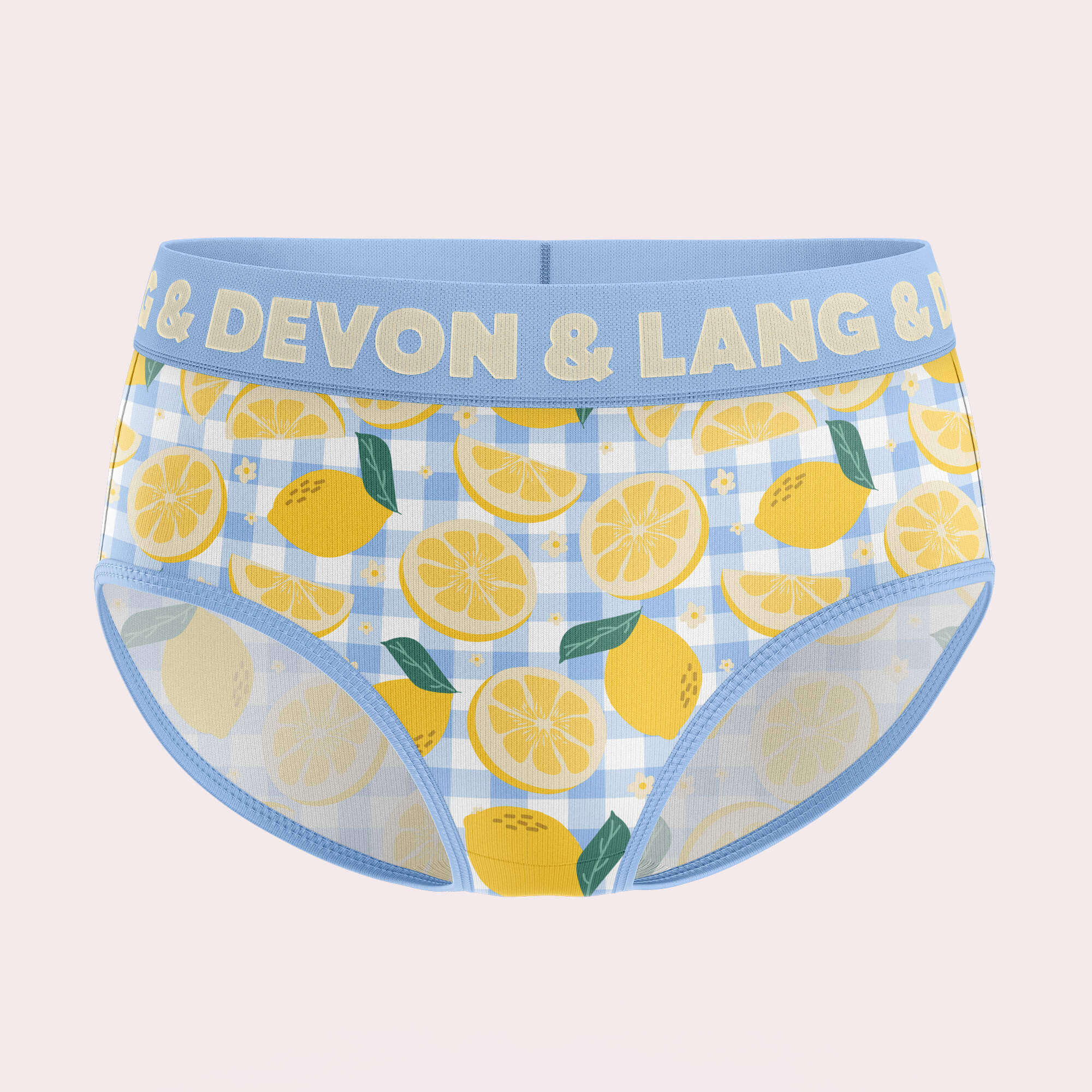 Devon + Lang Bria Full Coverage Bikini Brief featuring a lemon print design and a light blue waistband.