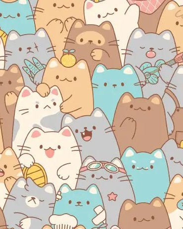 Cute and colorful illustration of many cartoon cats with various expressions and accessories.