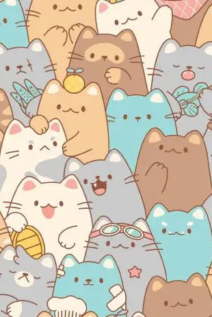 Cute and colorful illustration of many cartoon cats with various expressions and accessories.