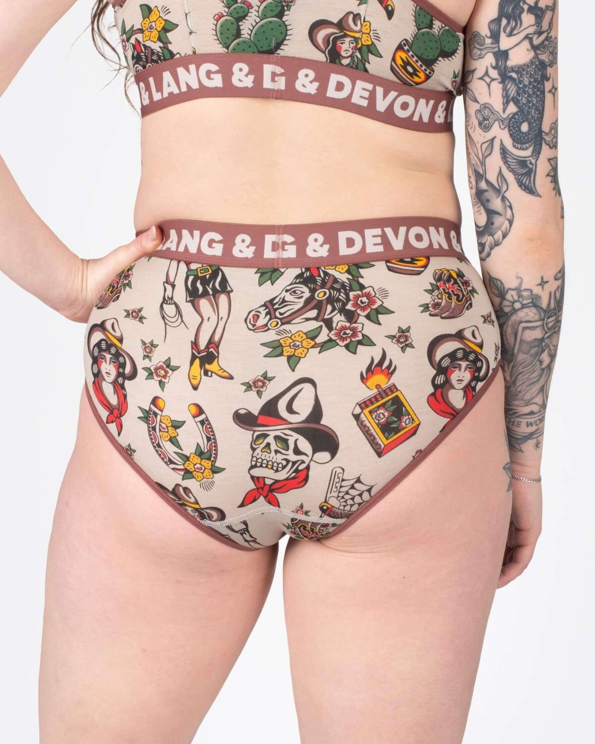 Devon + Lang Bria Full Coverage Bikini Brief featuring tattoo-inspired design and high-waisted style.