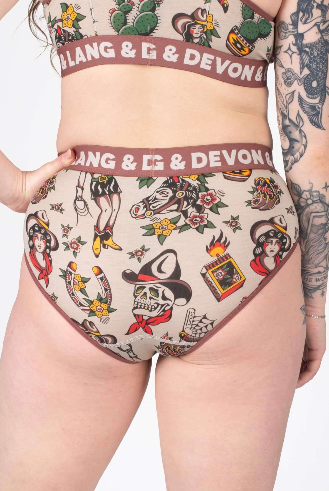 Devon + Lang Bria Full Coverage Bikini Brief featuring tattoo-inspired design and high-waisted style.
