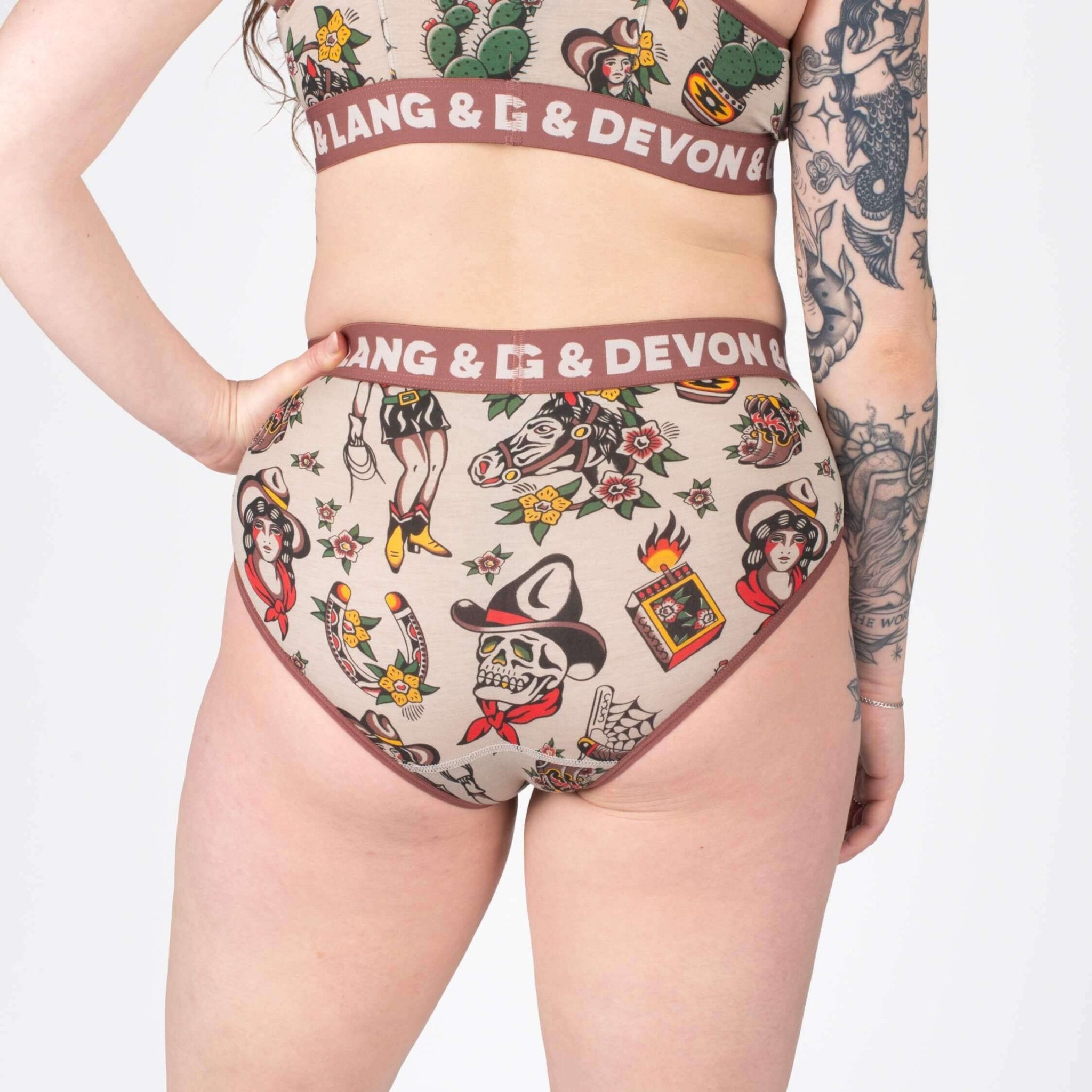 Devon + Lang Bria Full Coverage Bikini Brief featuring tattoo-inspired design and high-waisted style.
