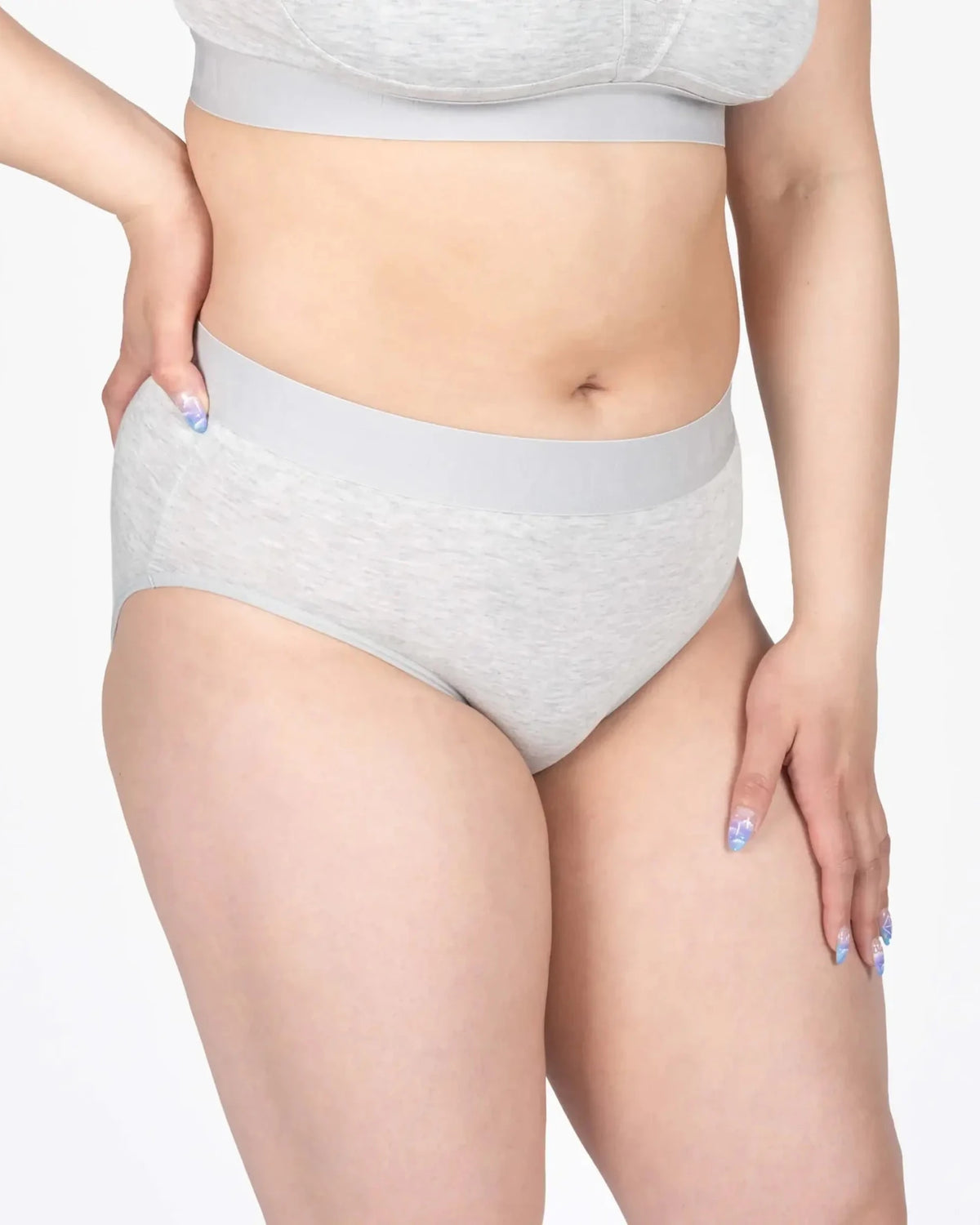 Devon + Lang Bria Full Coverage Bikini Brief showcasing grey fabric and comfortable fit on a model.