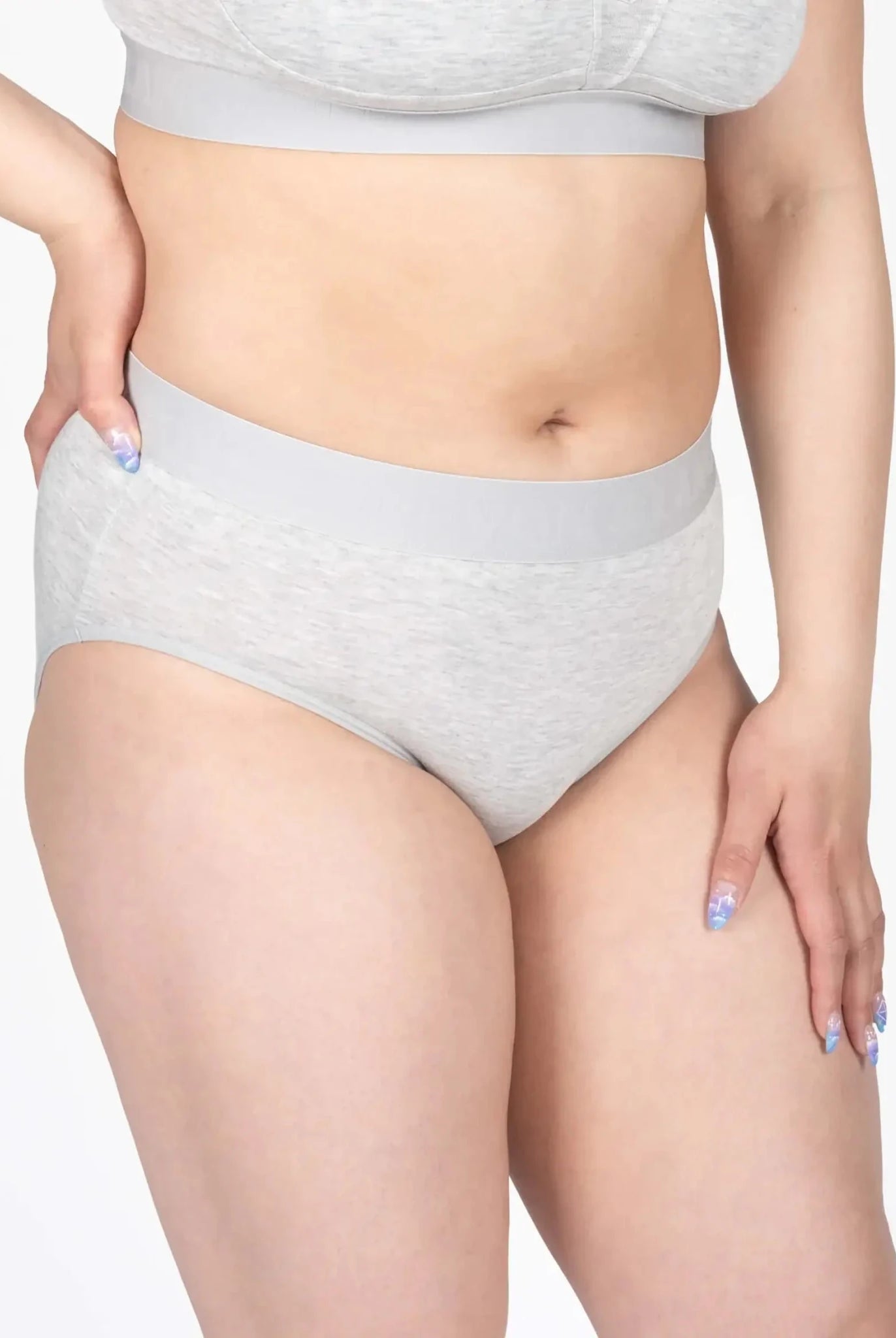 Devon + Lang Bria Full Coverage Bikini Brief showcasing grey fabric and comfortable fit on a model.