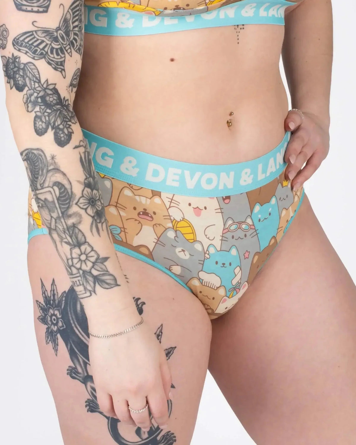 Devon + Lang Bria Full Coverage Bikini Brief featuring colorful cat design and comfortable fit