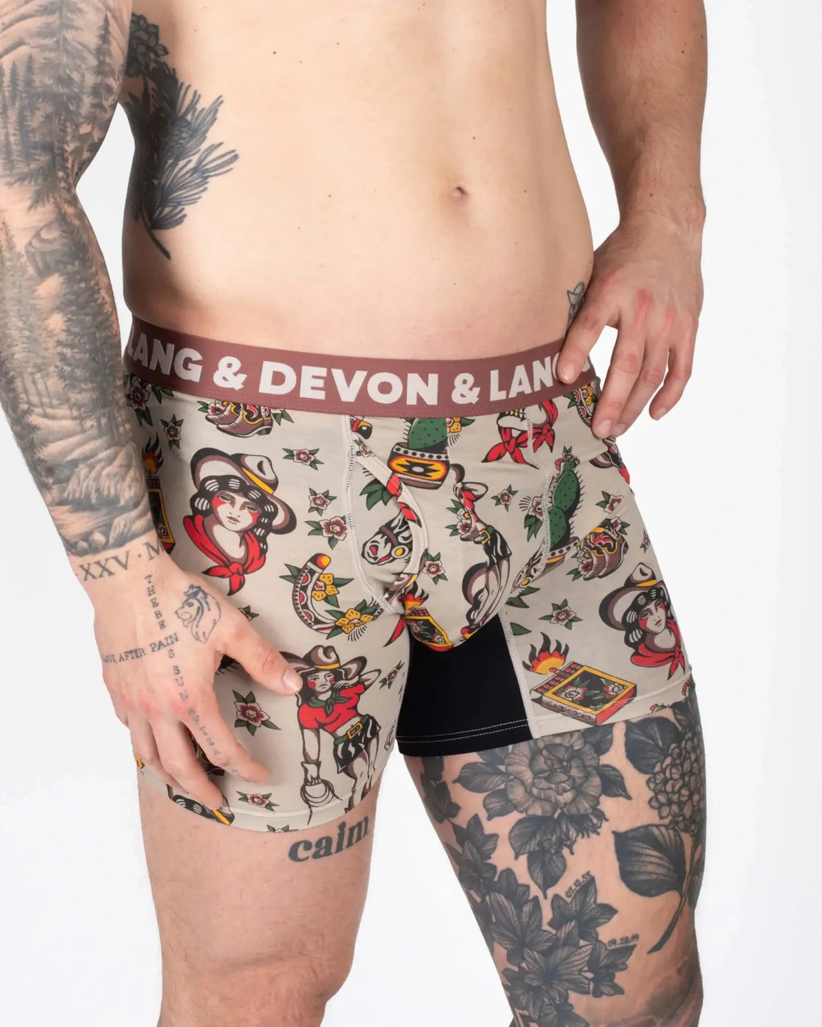 Devon + Lang Journey Boxer Brief vintage outlaw print shown on model