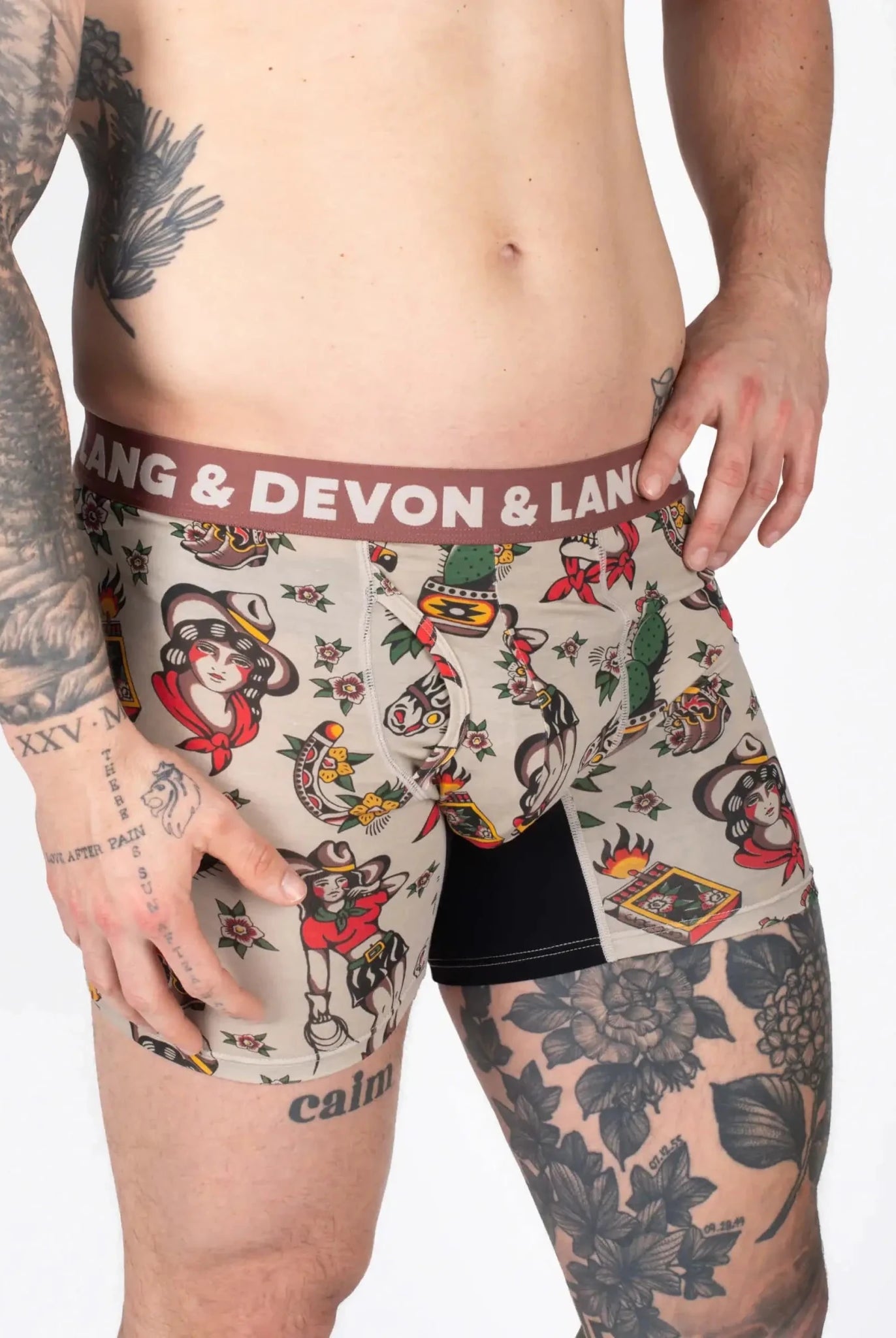 Devon + Lang Journey Boxer Brief vintage outlaw print shown on model