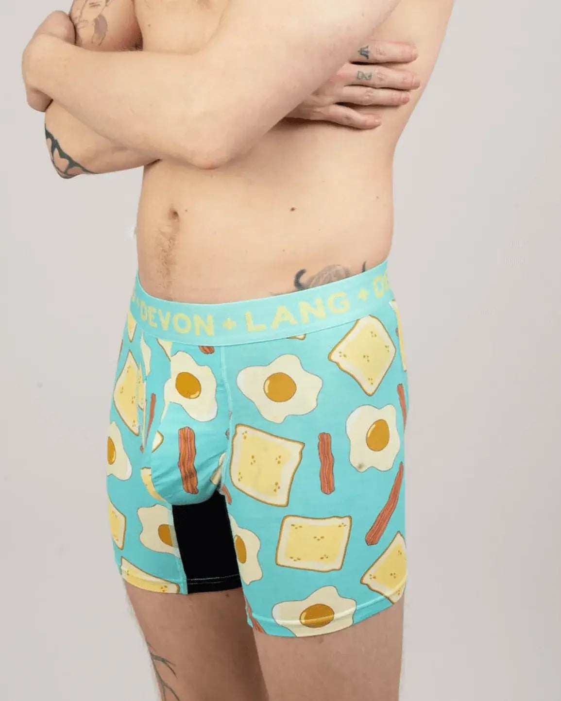 Devon + Lang Journey Boxer Brief breakfast print shown on model