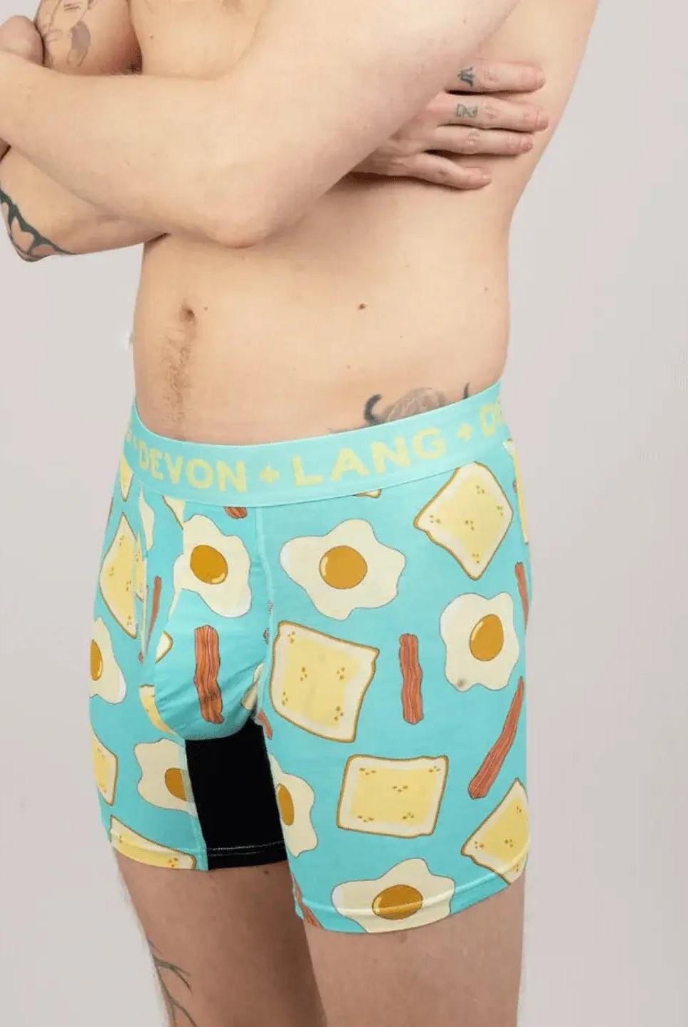Devon + Lang Journey Boxer Brief breakfast print shown on model