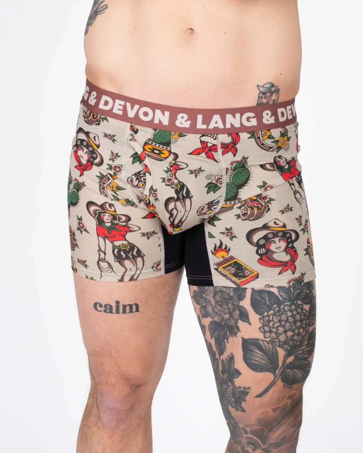 Devon + Lang Journey Boxer Brief vintage outlaw print shown on model