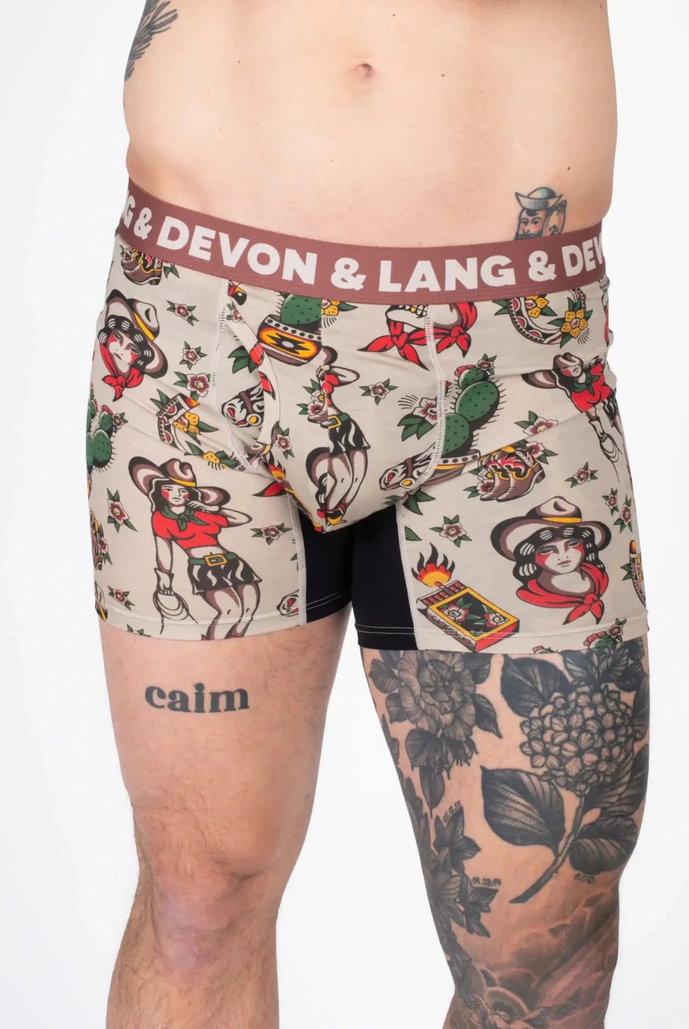 Devon + Lang Journey Boxer Brief vintage outlaw print shown on model