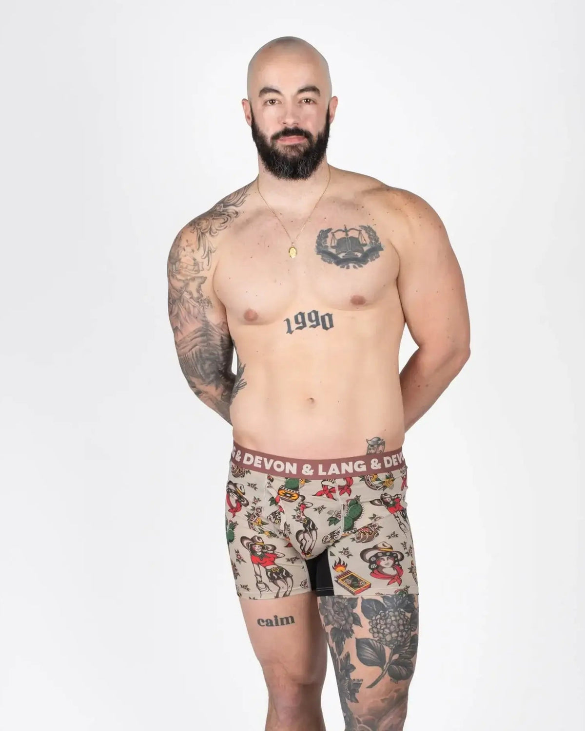 Devon + Lang Journey Boxer Brief vintage outlaw print shown on model