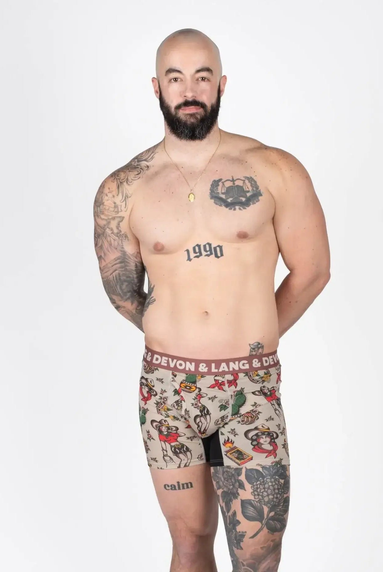 Devon + Lang Journey Boxer Brief vintage outlaw print shown on model