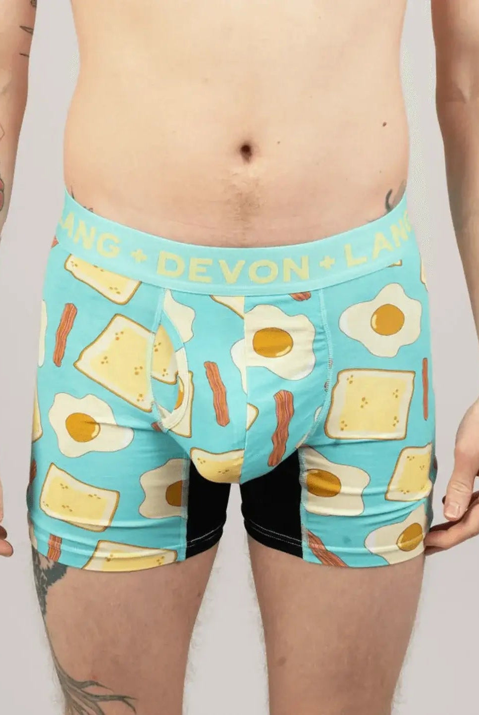 Devon + Lang Journey Boxer Brief breakfast print shown on model