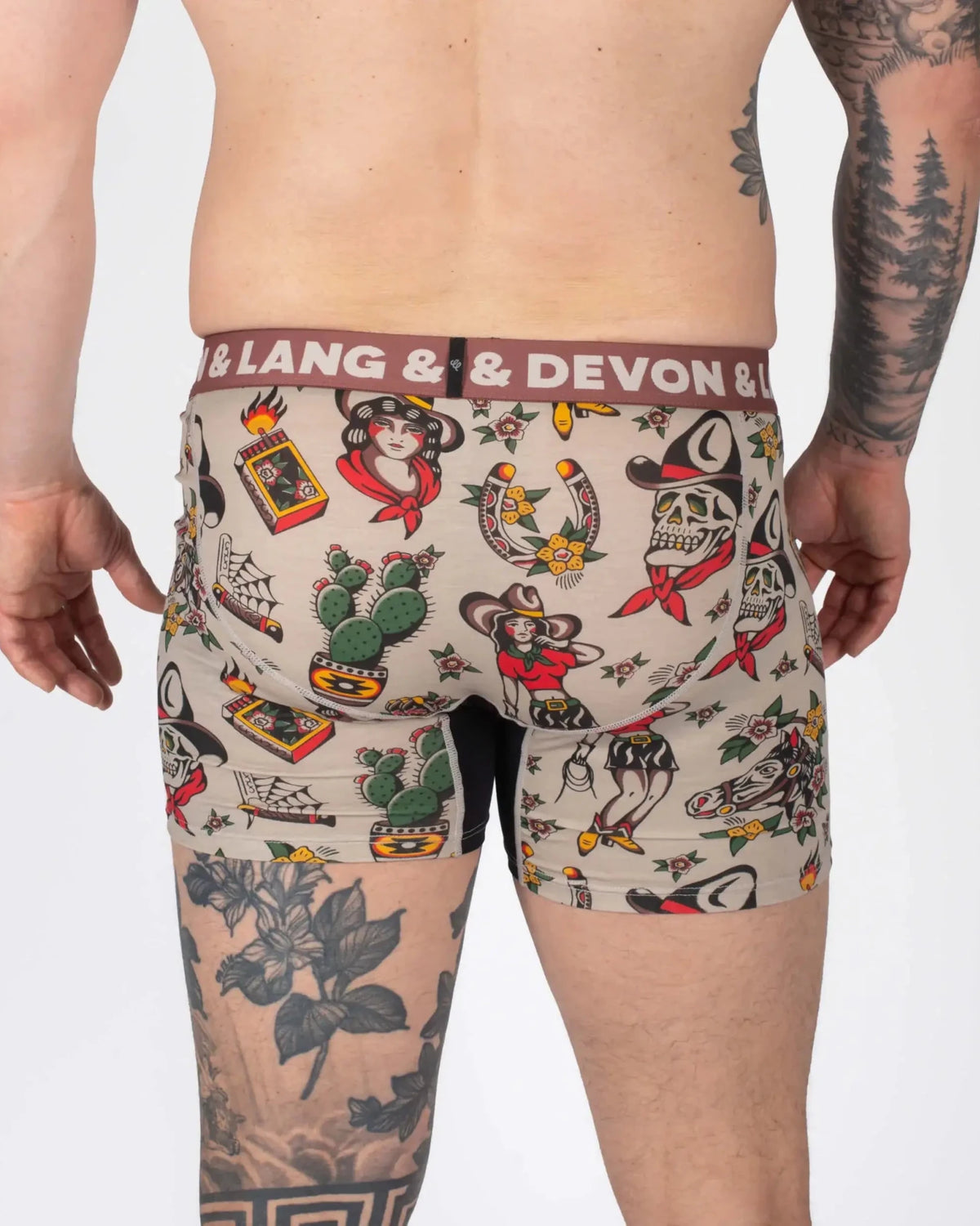 Devon + Lang Journey Boxer Brief vintage outlaw print shown on model - back view