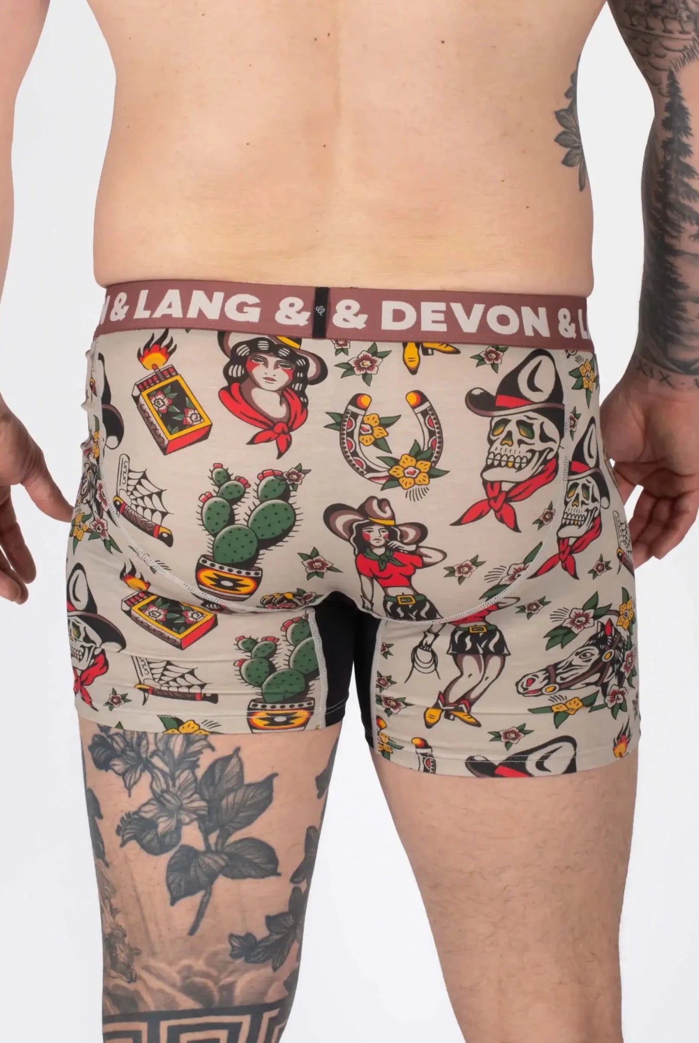 Devon + Lang Journey Boxer Brief vintage outlaw print shown on model - back view